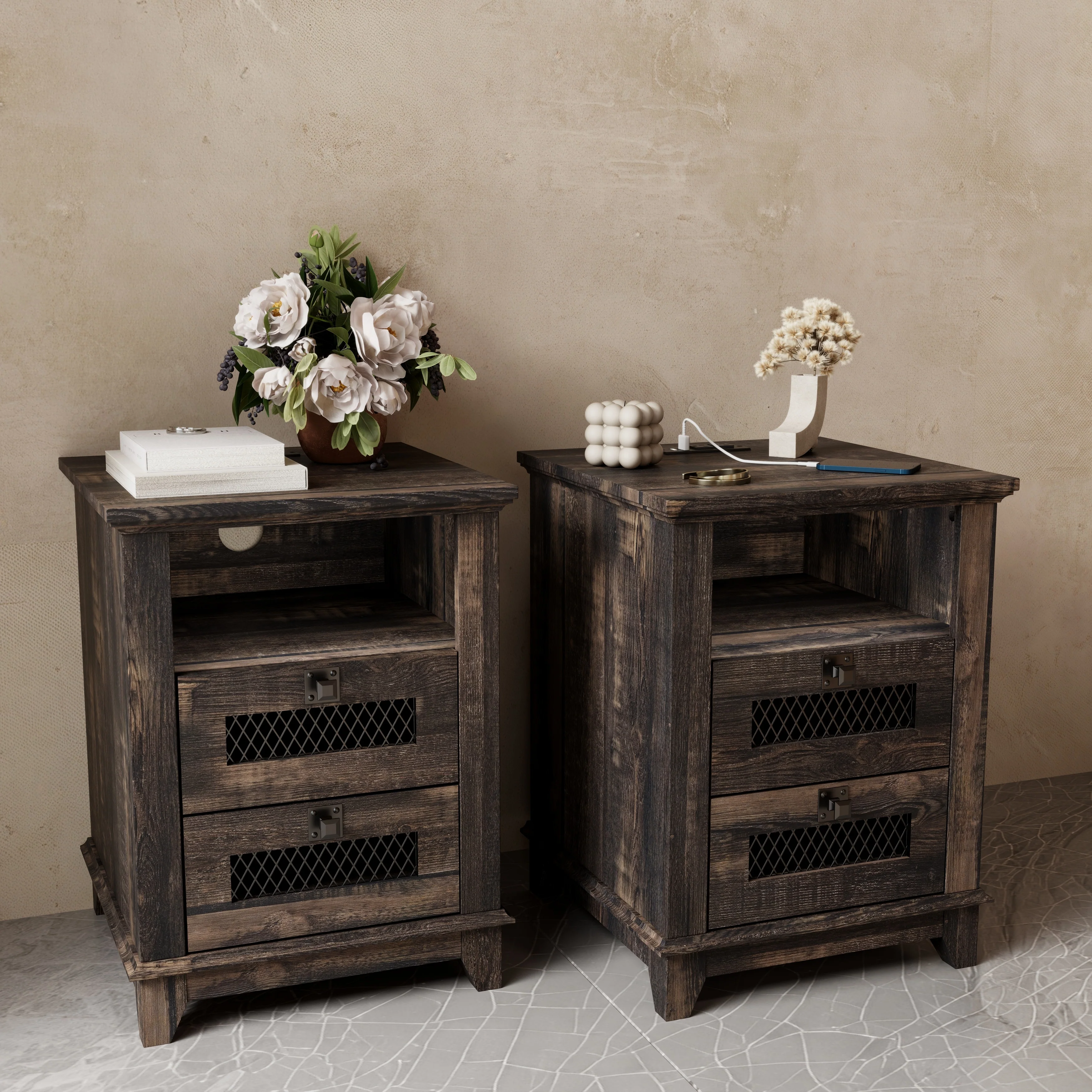 Farmhouse Nightstand Set of 2 with Charging Station, End Table