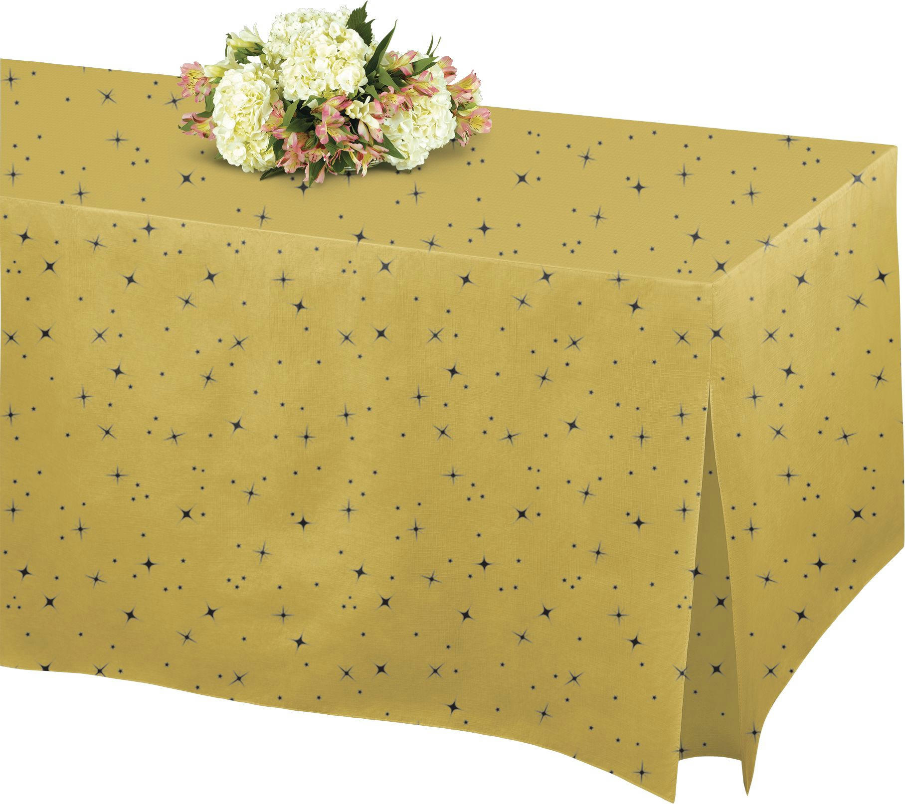 Rectangle Flannel-Backed Vinyl Reusable Table Cover, White/Gold, 27x72-in, for Summer Party/Birthday/Baby Shower/Wedding