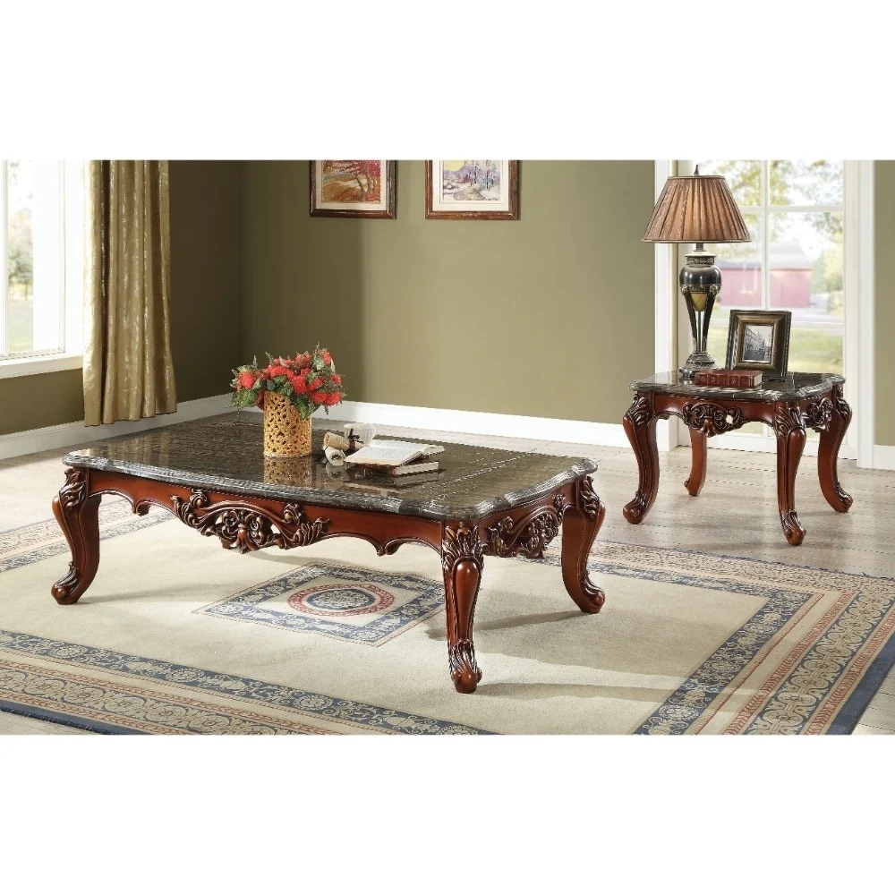 Traditional Style Rectangular Wood and Marble Coffee Table, Walnut Brown