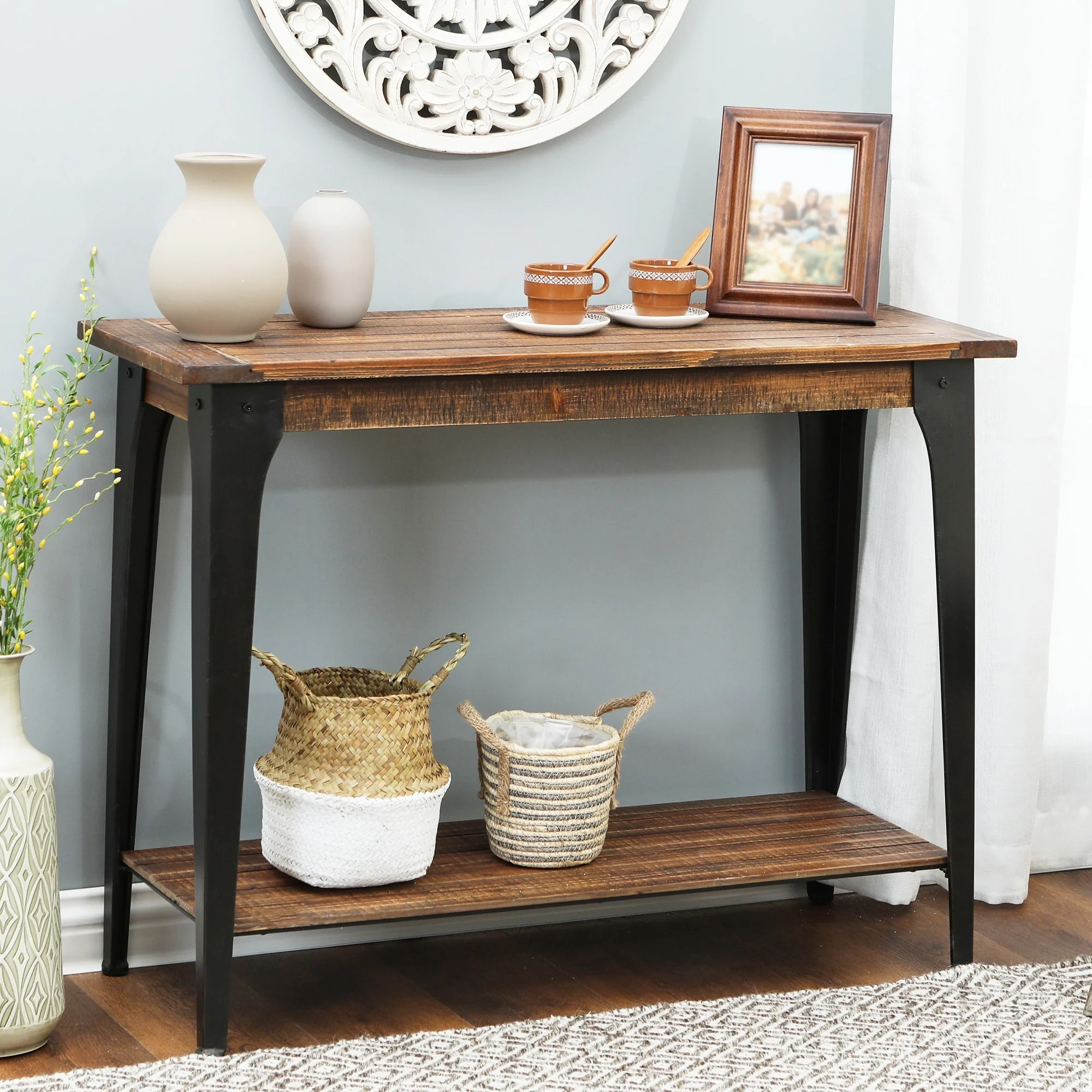 Dark Brown Wood and Black Metal 1-Shelf Console and Entry Table - 40 Wide