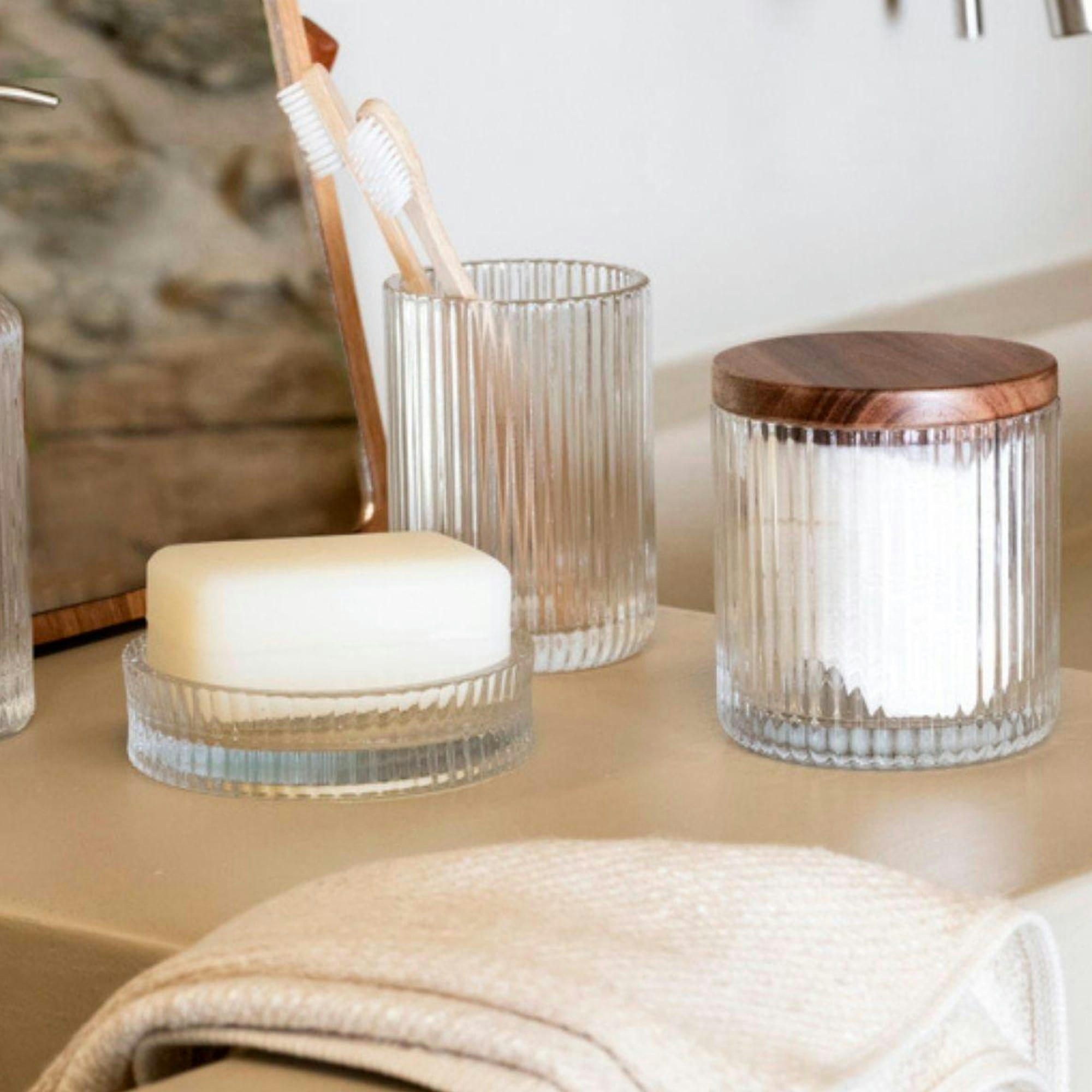 - Boîte salle de bain en verre strié et acacia 9.5x9.5x9cm