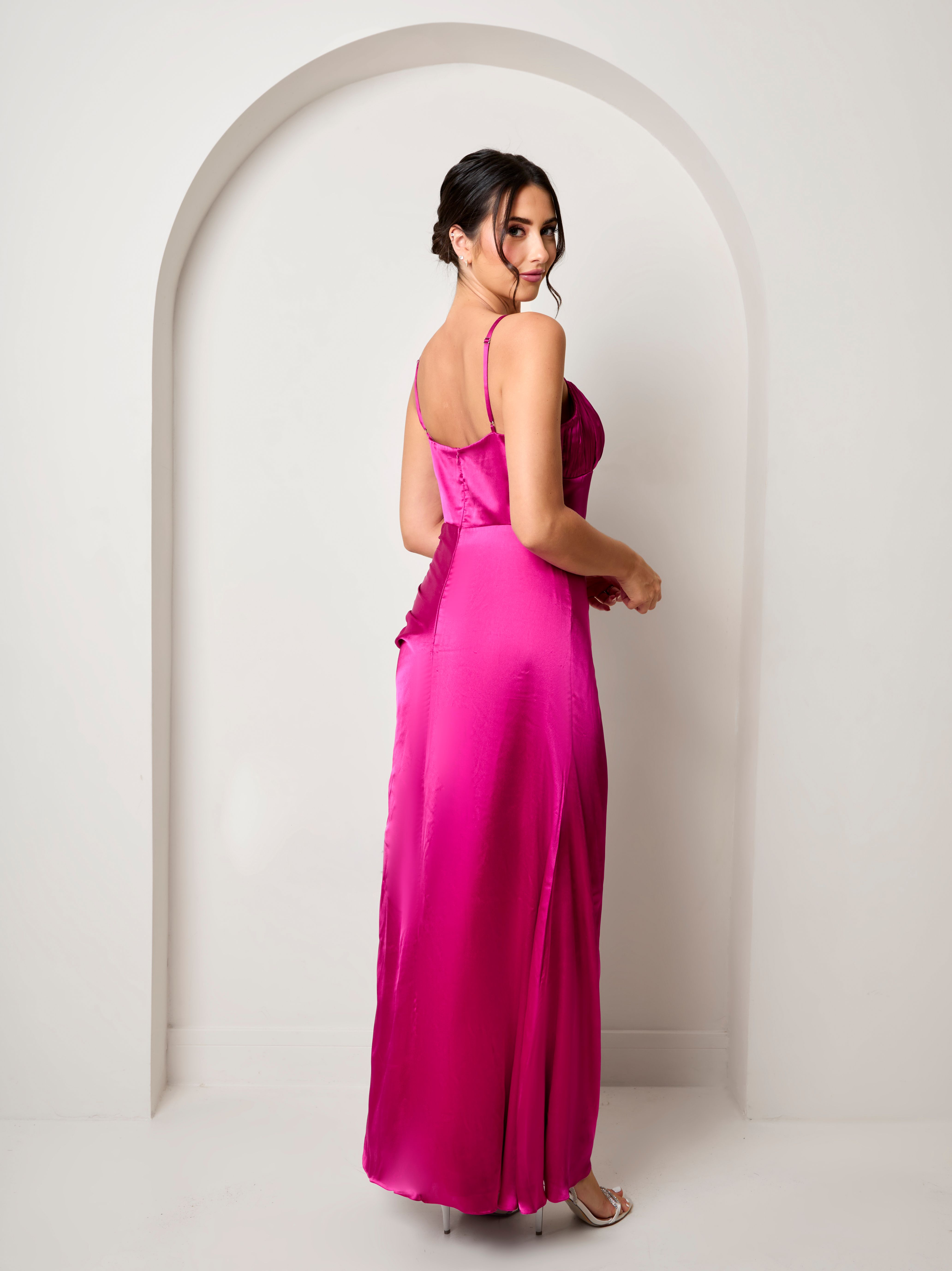 Chi Chi London Ruched Bodice Satin Maxi Dress in Pink