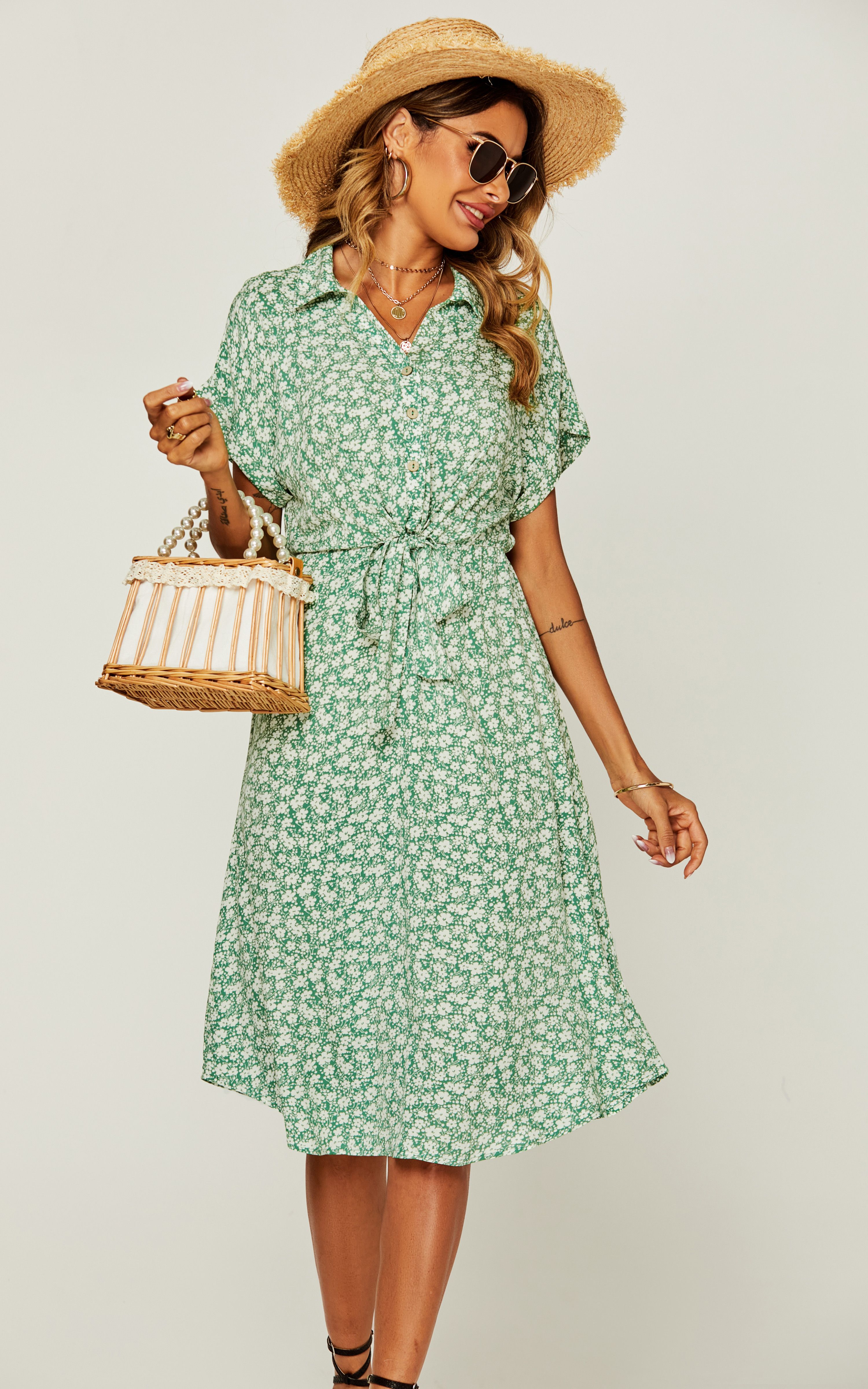 FS Collection Relaxed Floral Print Button Down Midi Shirt Dress