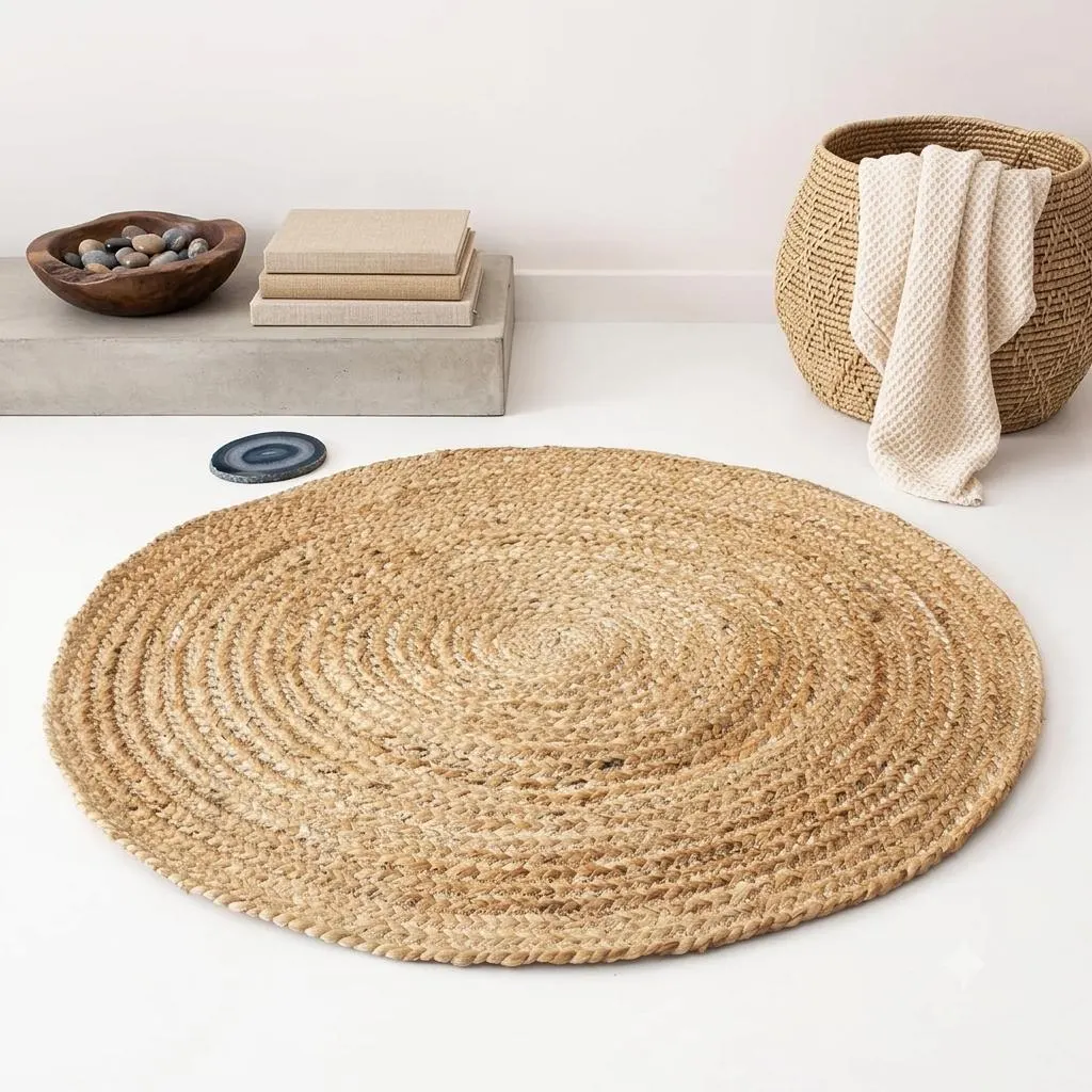 4x4 Ft Round Jute Rug, Handwoven Natural Jute Carpet, Reversible Braided Area Rug, Boho Farmhouse Accent Mat for Living Room