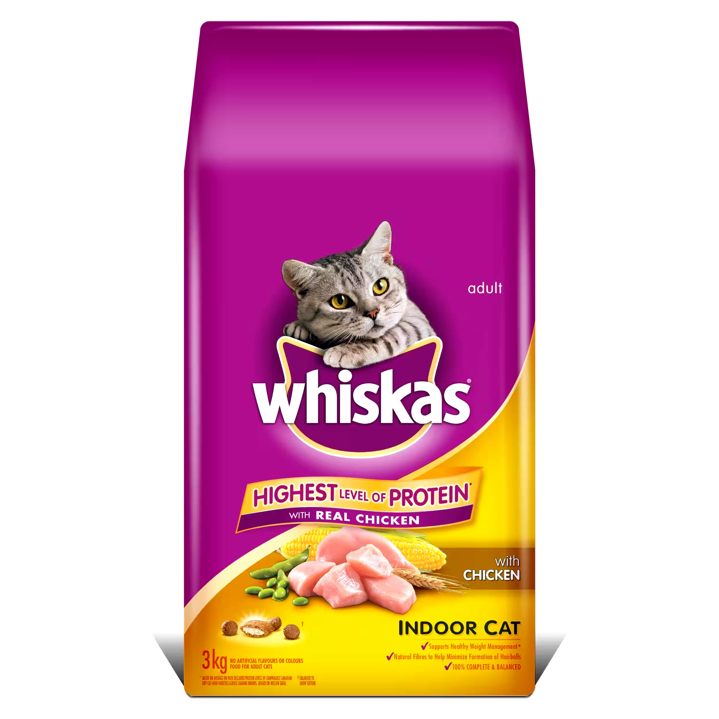 Whiskas Indoor Dry Cat Food with Real Chicken, 3-kg