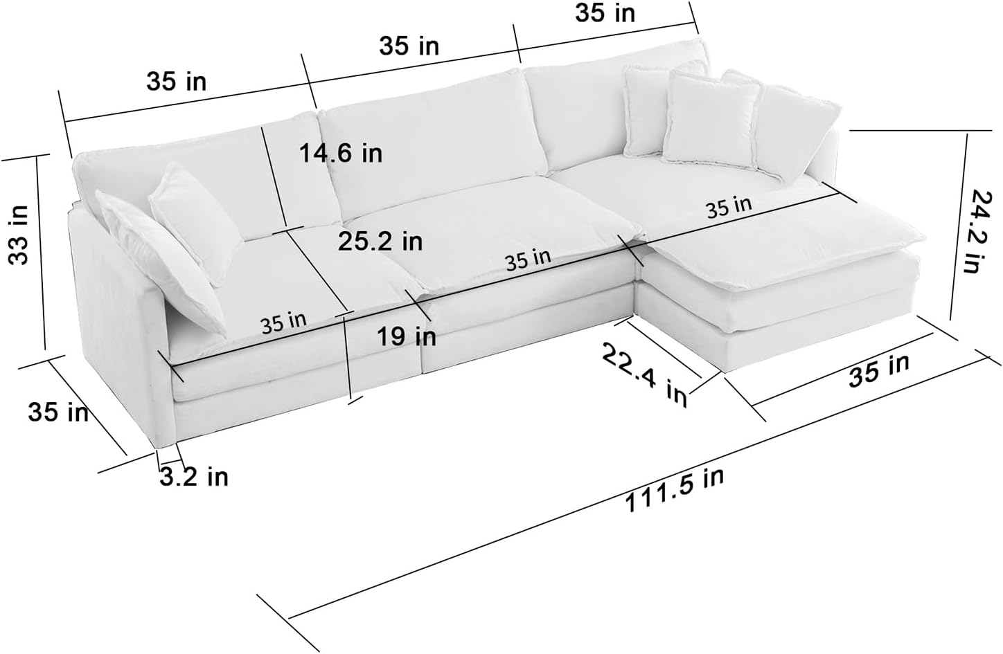 111.5 Beige Modular Sectional Sofa, 3 Seater Large Sectional Couches for Living Room, Ivory Off-White Chenille Fabric Oversized Cloud Couch with Ottoman, Modern Sofas Set, Sofas para Sala, L Shaped