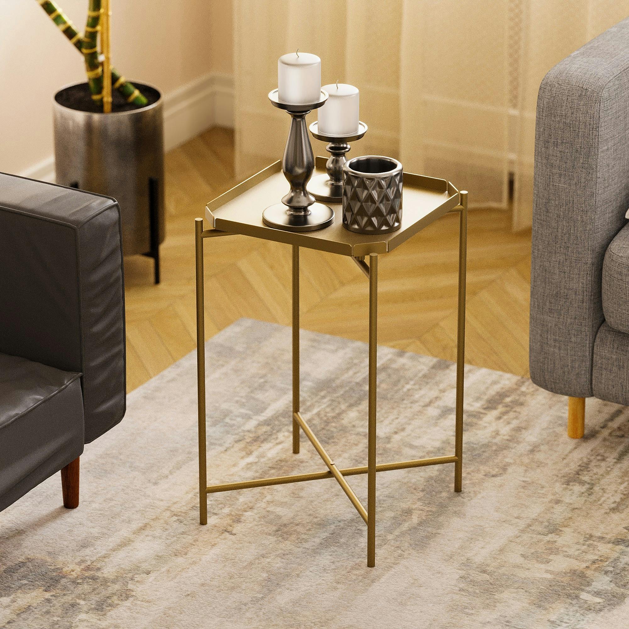 Petite table d’appoint dorée carrée, pieds croisés SFAX