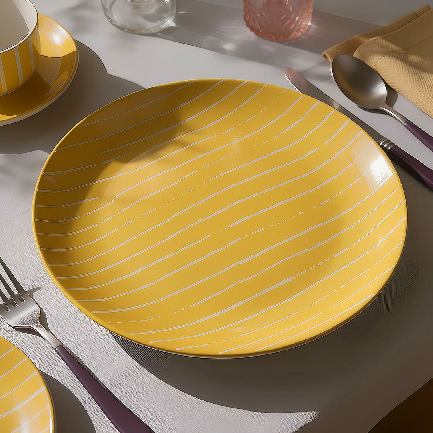Piatto piano giallo righe bianche porcellana Mix e Match