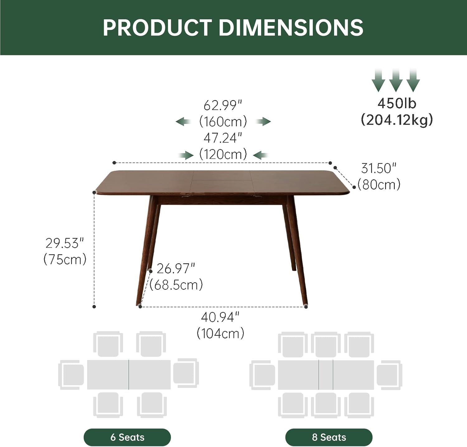 47’’-63’’ 100% Oak Extendable Dining Table, Solid Wood Folding Kitchen Table, Mid Century Modern Dinner Table for Kitchen, Apartment, Living Room (47''-63'' Walnut)