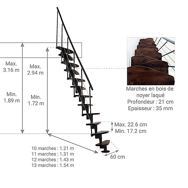 Escalier droit 13 marches - Hauteur à franchir 2.41 à 3.17m- Largeur 65cm - Structure noire et marche noyer - NIZZA60/I/SNMNO-13