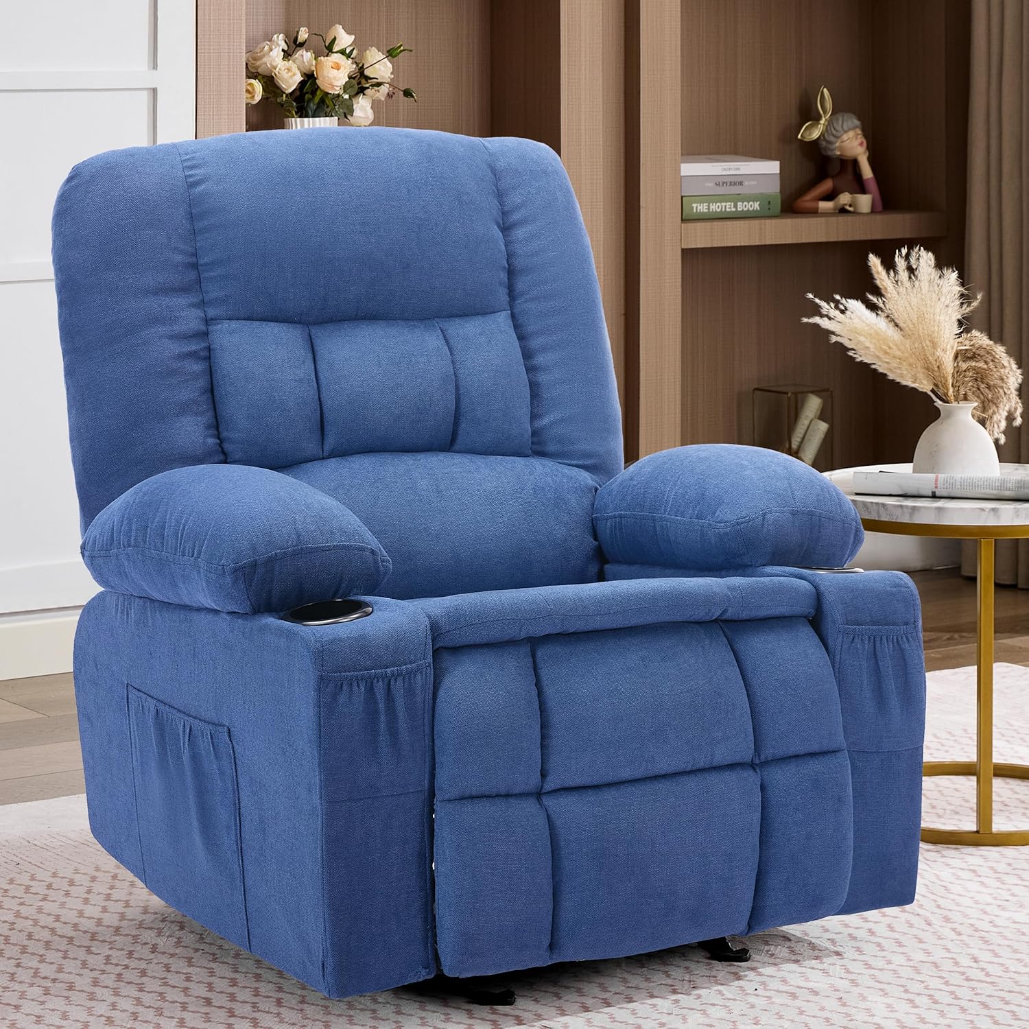 Rocker Recliner Chair with Massage and Heat, Nursery Rocking Chairs for Living Room, Ergonomic Comfy Relining Chair with Cup Holders, USB Charge Port, Side Pockets, Recliner Sofa, Blue