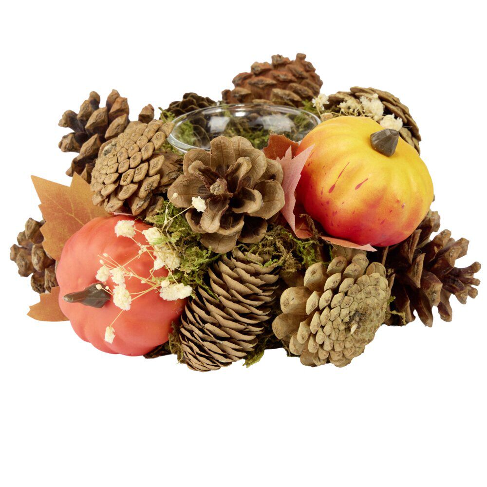 Bougeoir automne déco mini citrouilles feuillage et pommes de pin Ø19xH7,5cm