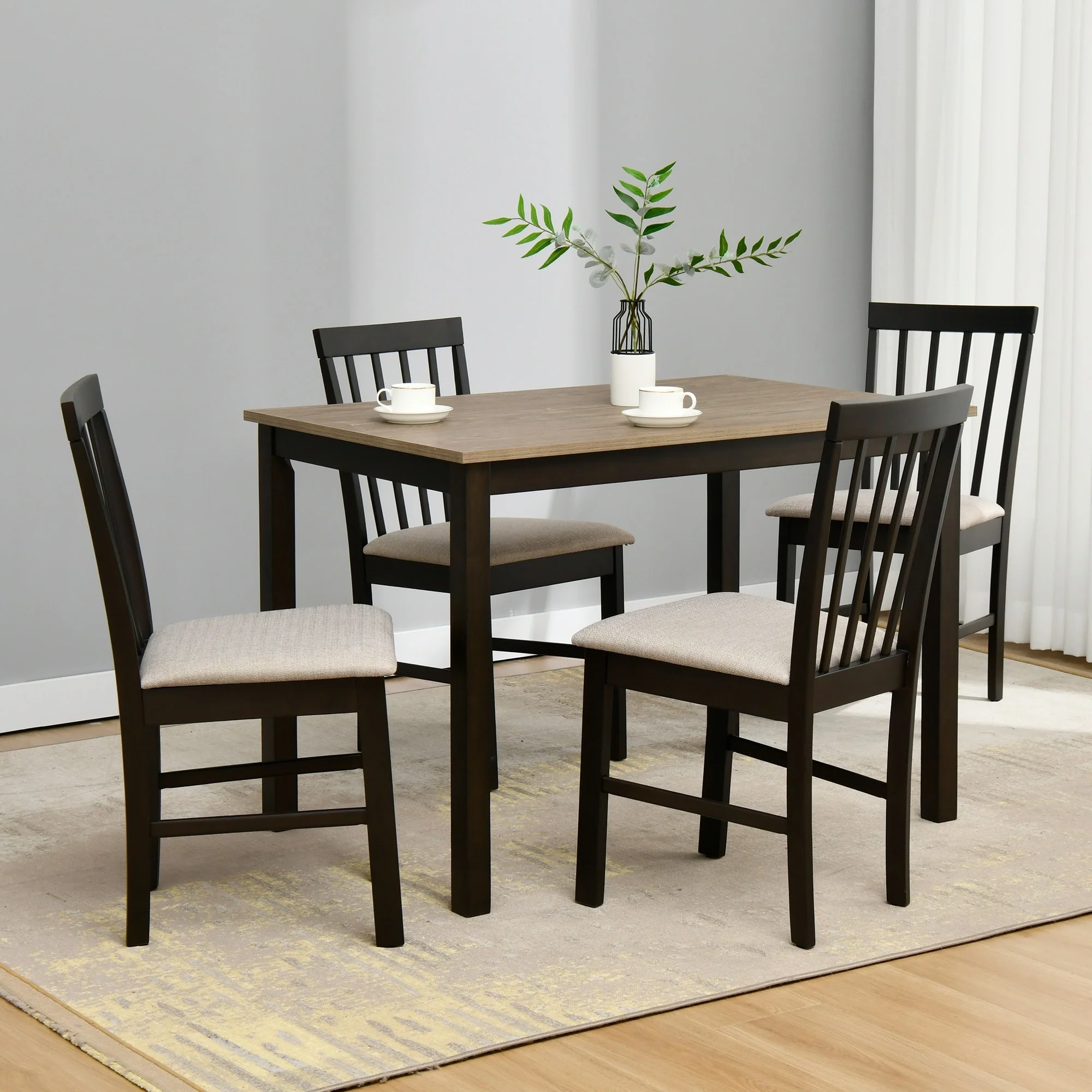 5-Piece Farmhouse Wooden Dining Room Set (1 Table+ 4 Slat Back Chairs)