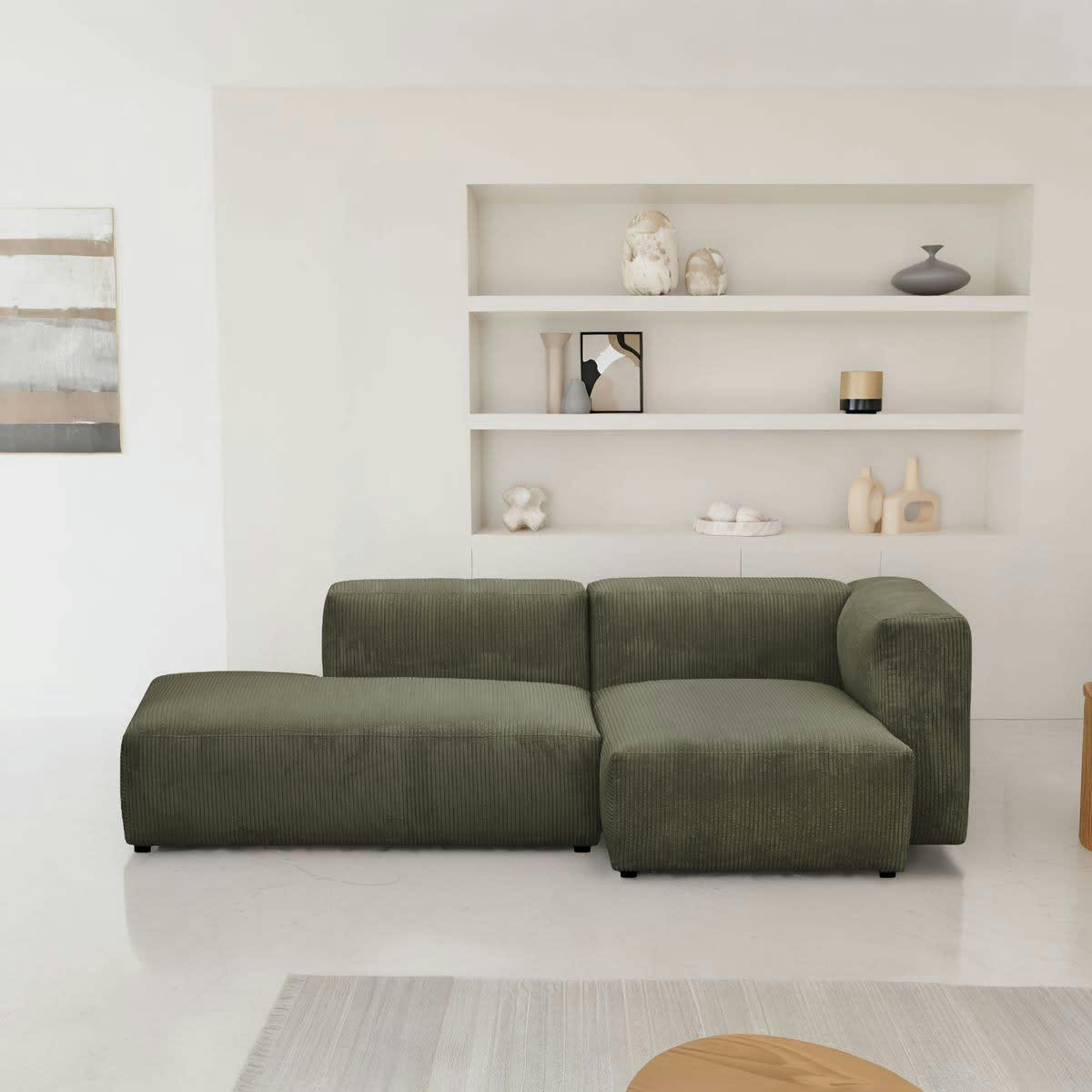 MODULO - Canapé modulable angle droit 3/4 places en velours côtelé vert kaki