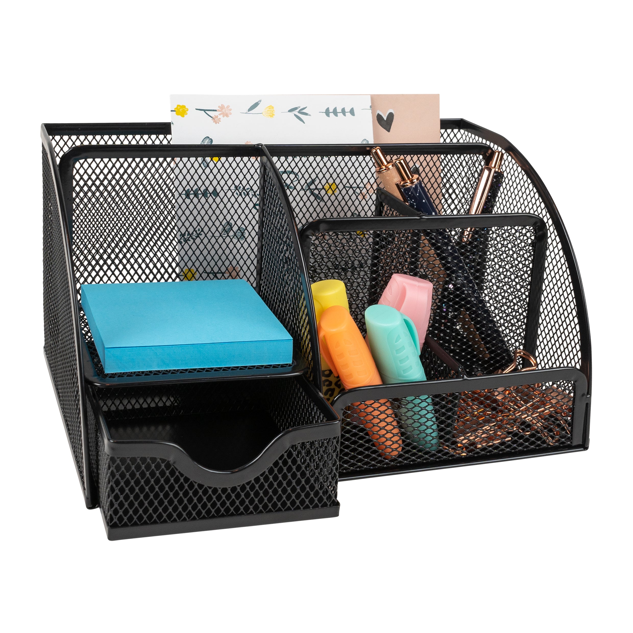 QUVIO Bureau organizer 5 vakken + 1 lade + 1 plankje met gaas - Zwart