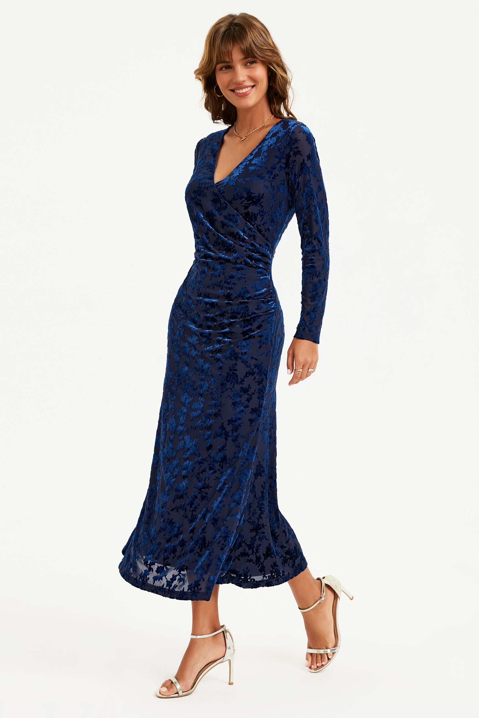 FS Collection Floral Velvet Devore Long Sleeve Wrap Midi Dress In Navy