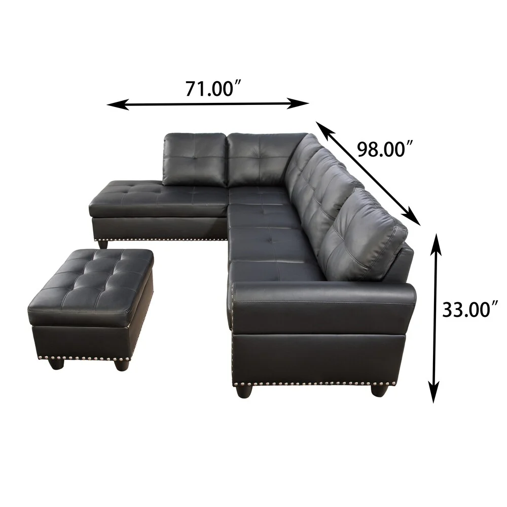 L-shaped Faux Leather Sectional Sofa with Ottoman and Pillows
