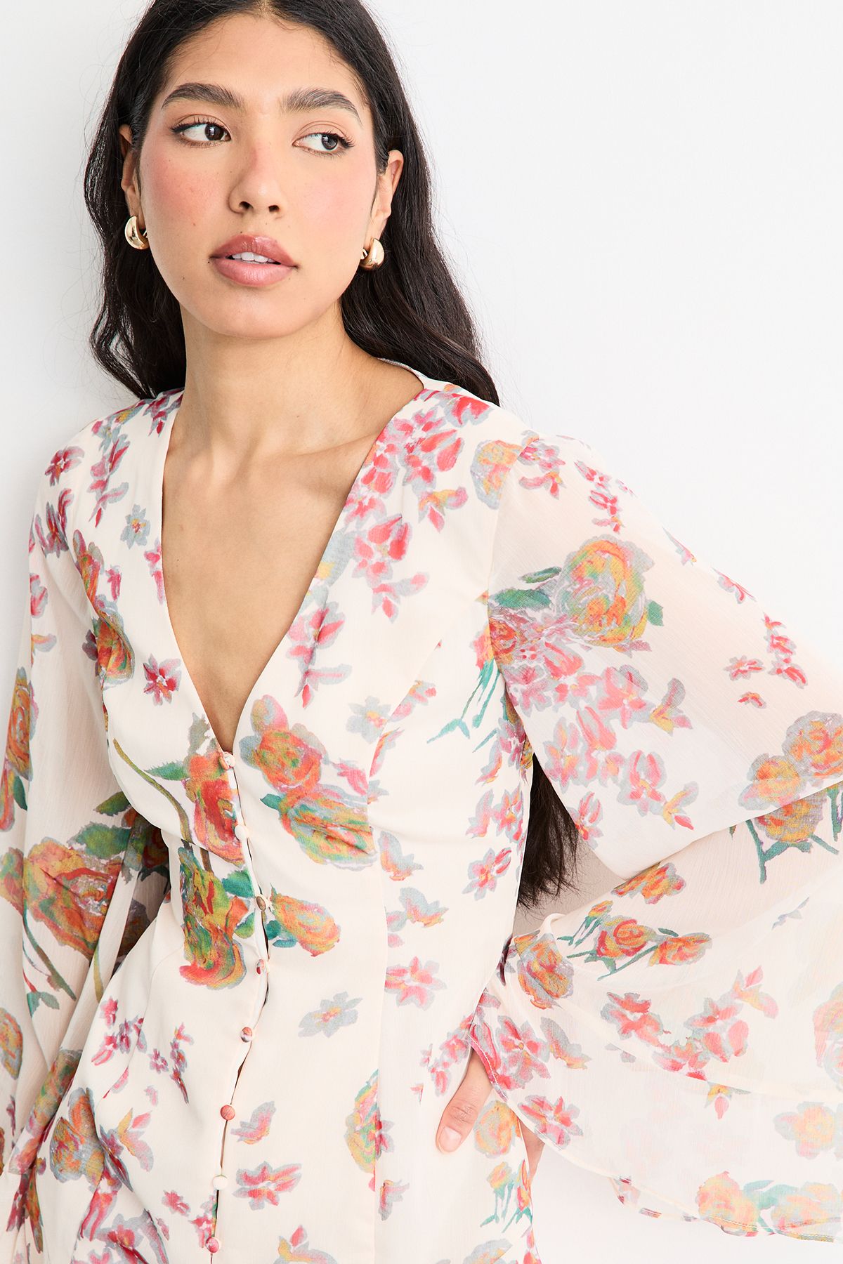Warehouse Chiffon Bohemian Button Through Floral Maxi Dress