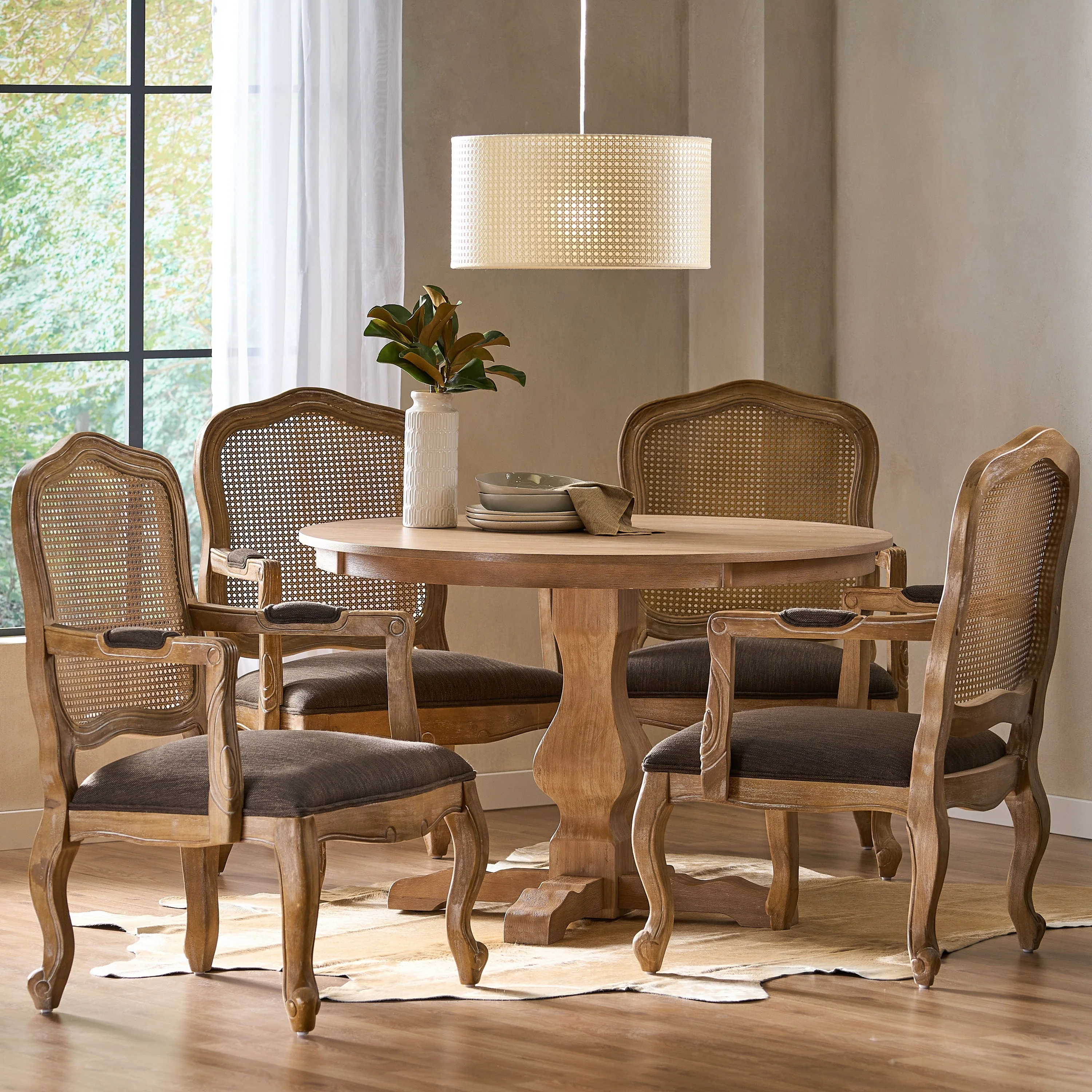 Ardyce Wood and Cane Upholstered 5 Piece Circular Dining Set by Christopher Knight Home