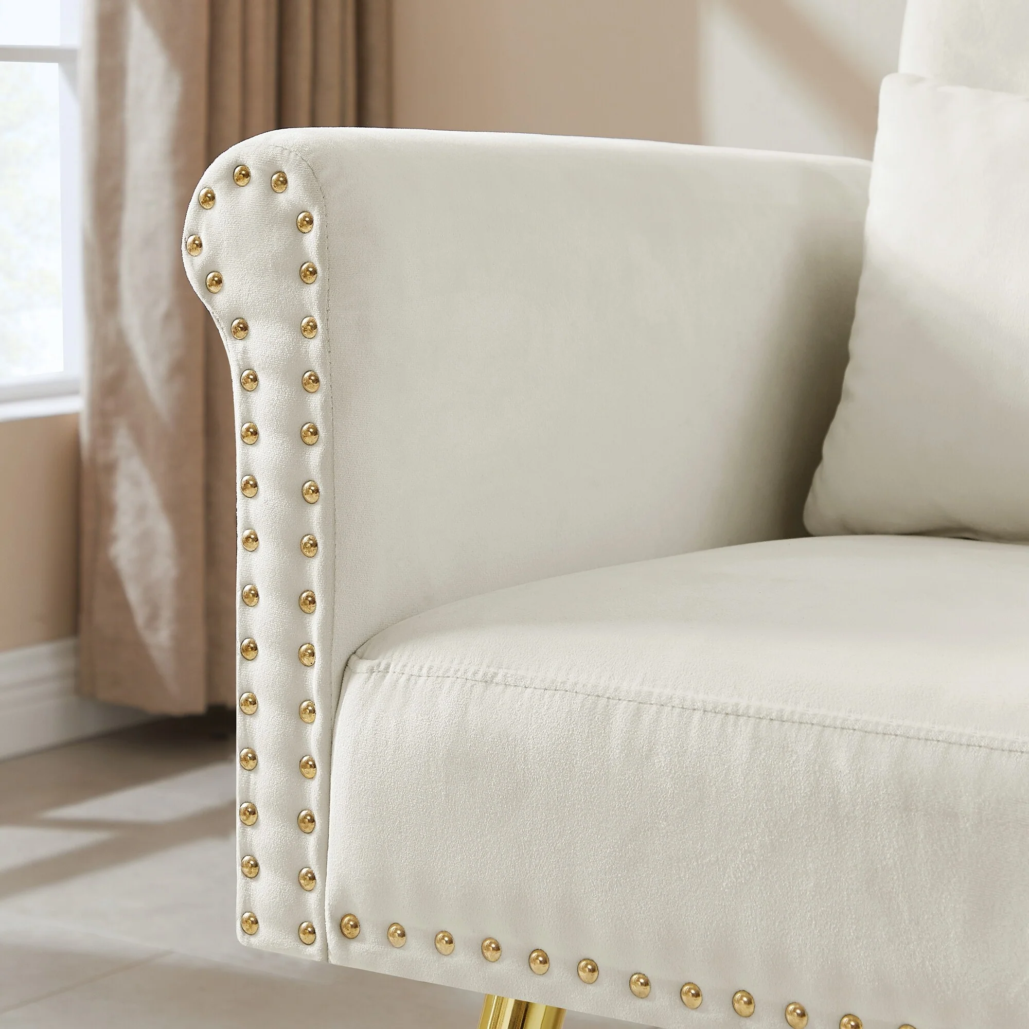 Off White Velvet Armchair With Metal Legs - 24.40 x 32.60 x 32.60