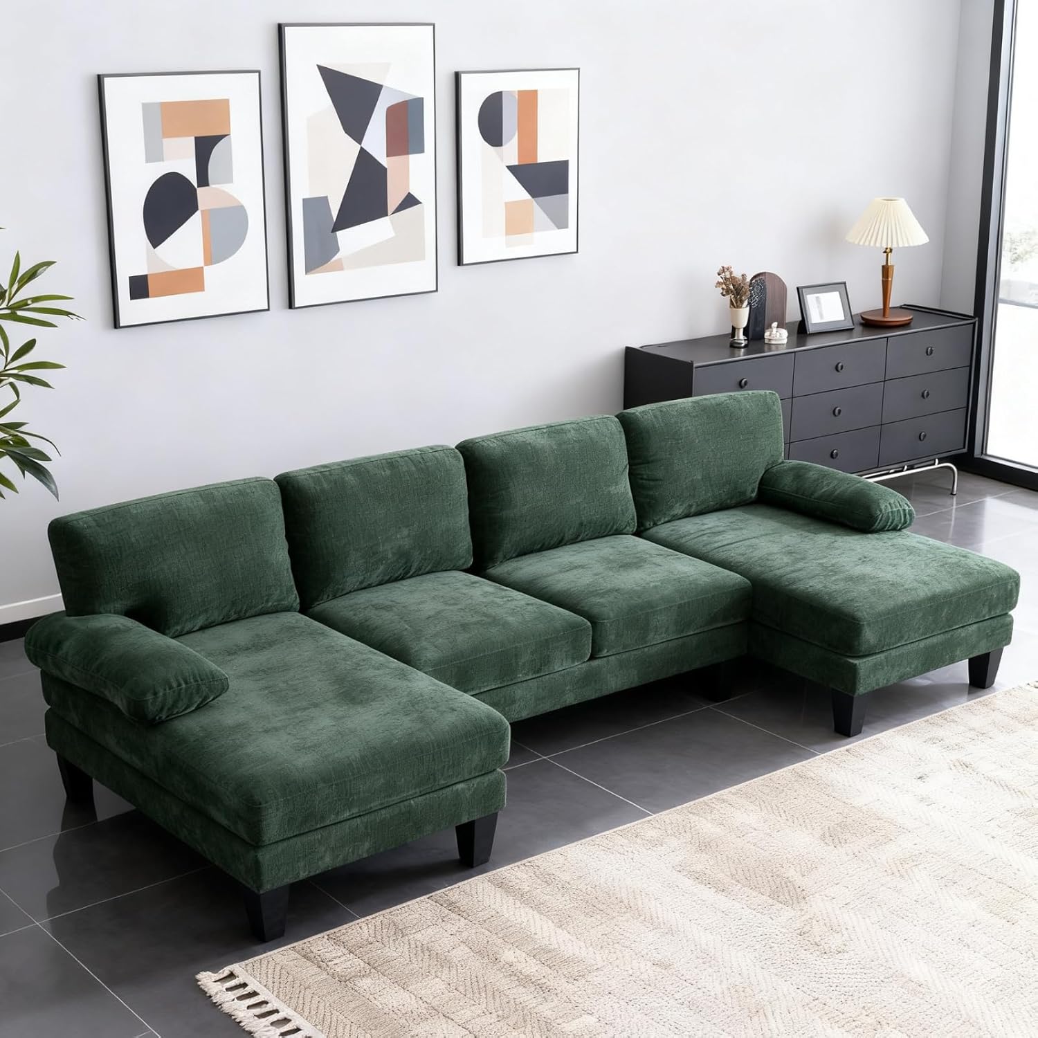 Karl home 111 Sectional Sofa U-Shaped 4-Seat Couch with Chaises Wood Grian Legs Chenille Fabric Upholstered for Living Room, Apartment, Office, Green
