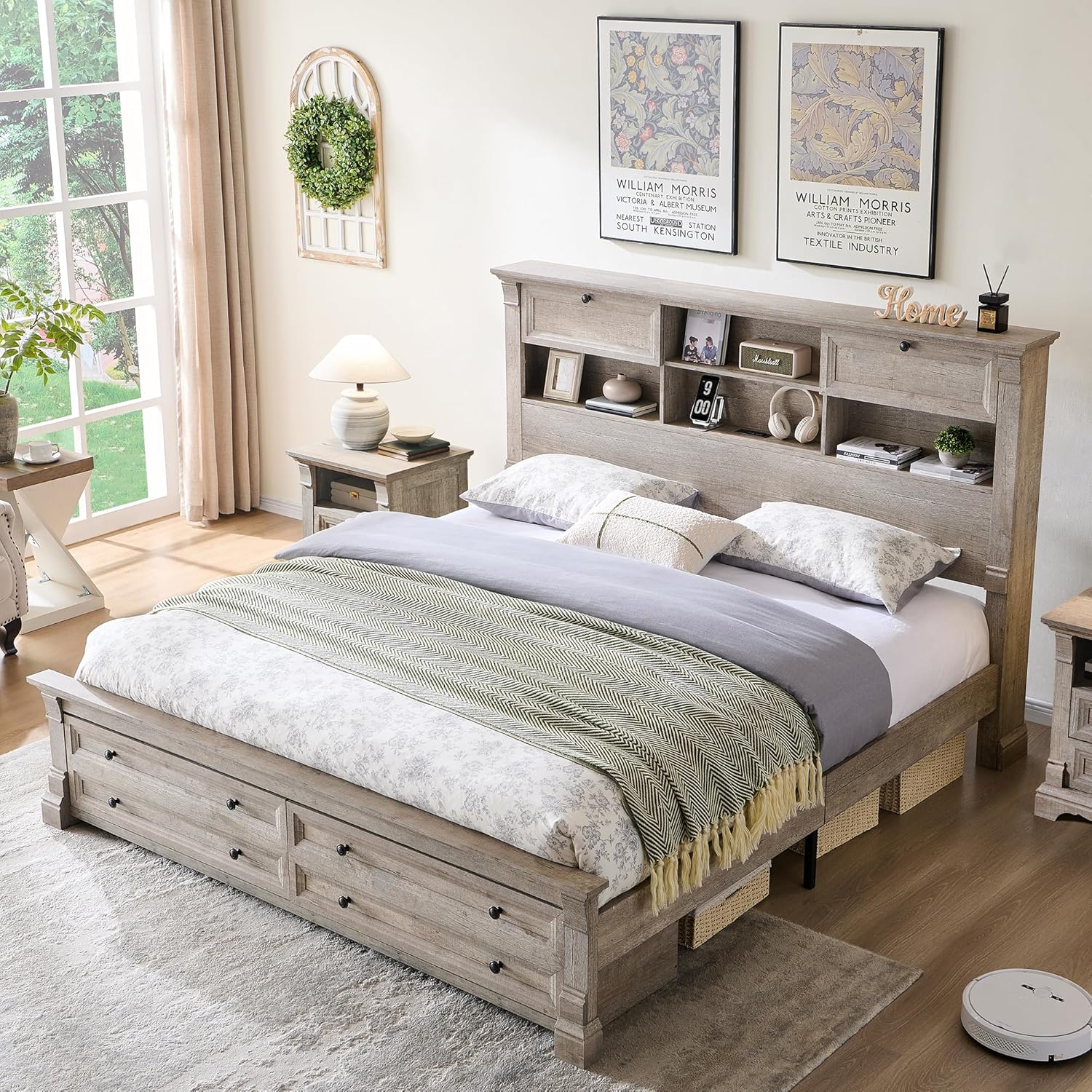 T4TREAM Farmhouse Queen Size Bed Frame with 54 Tall Storage Bookcase Headboard, Wood Platform Bed Frame with 18 Roman Column Decoration Footboard & 2 Drawers, No Box Spring Needed(Light Rustic Oak)