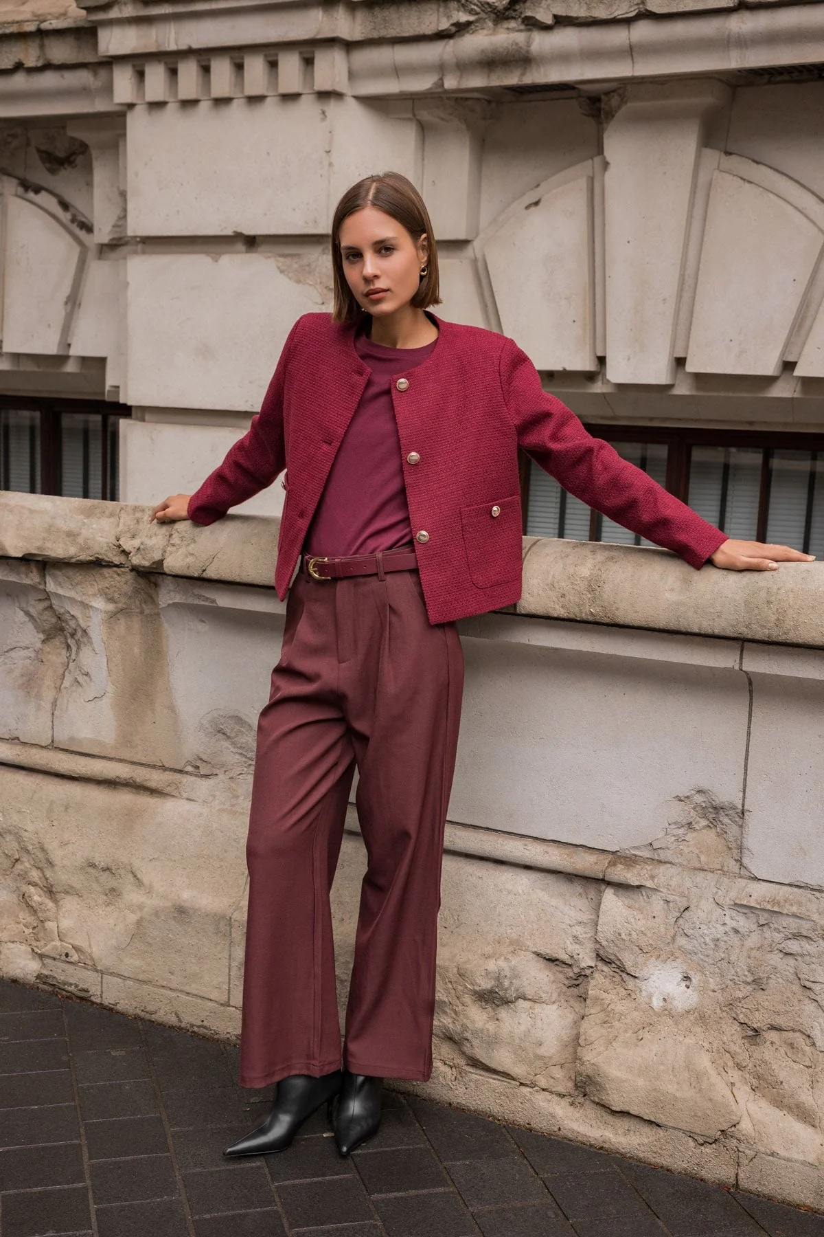 Burgundy Wide Leg Tailored Trousers
