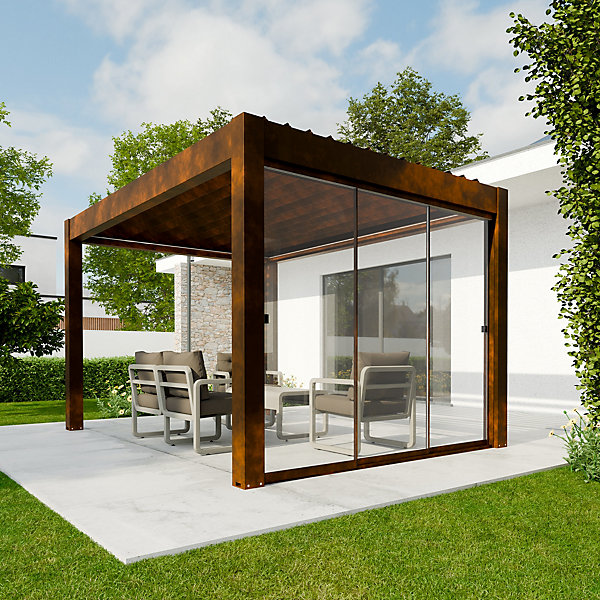 Paroi vitrée coulissante pour pergola Vali 3 x 4 m coloris rouille