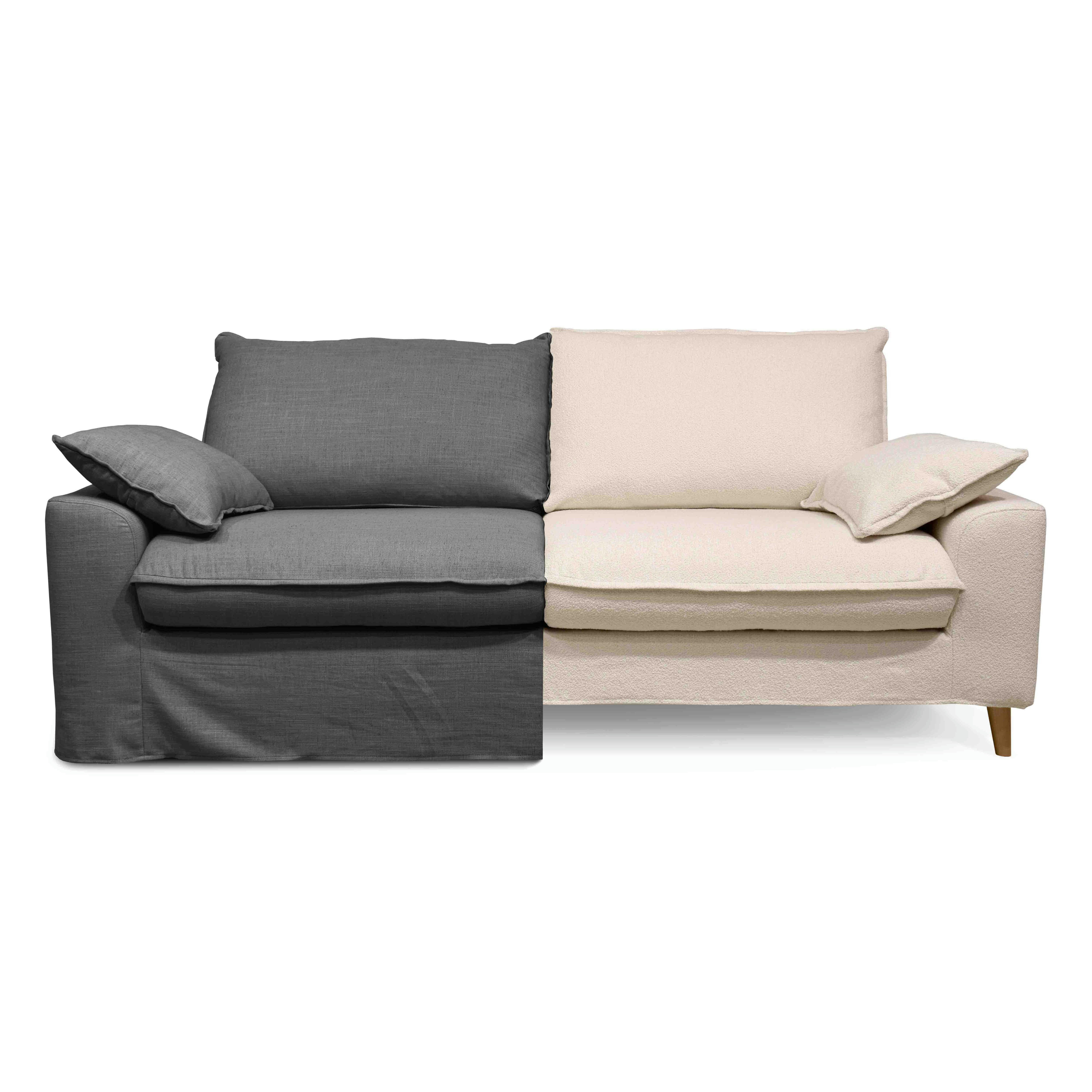 JAROD - Canapé tissu lin gris avec une housse supplémentaire bouclette blanche