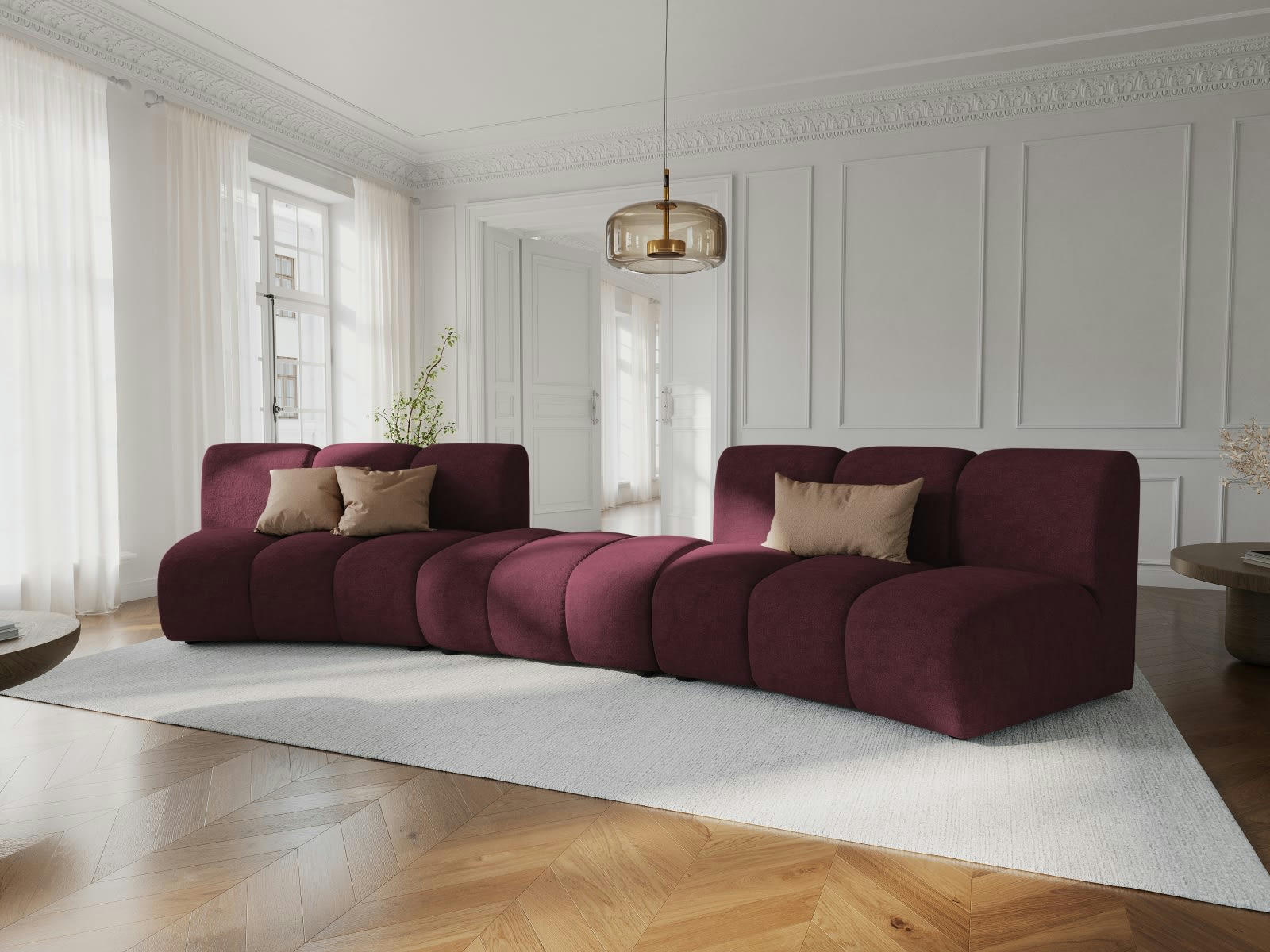 LUPINE - Canapé arrondi 5 places en tissu chenille bordeaux