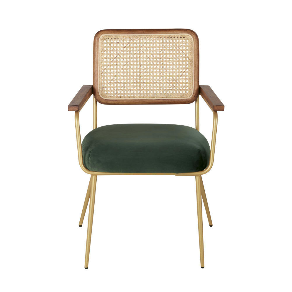 Rosalie - Fauteuil de table en velours vert et cannage en rotin