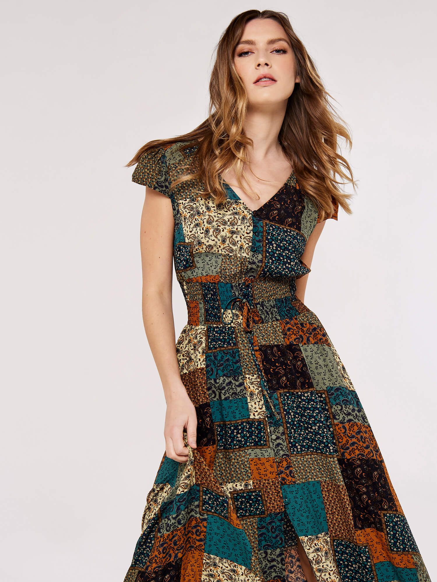 Apricot Patchwork Smocked Waist Maxi Dress