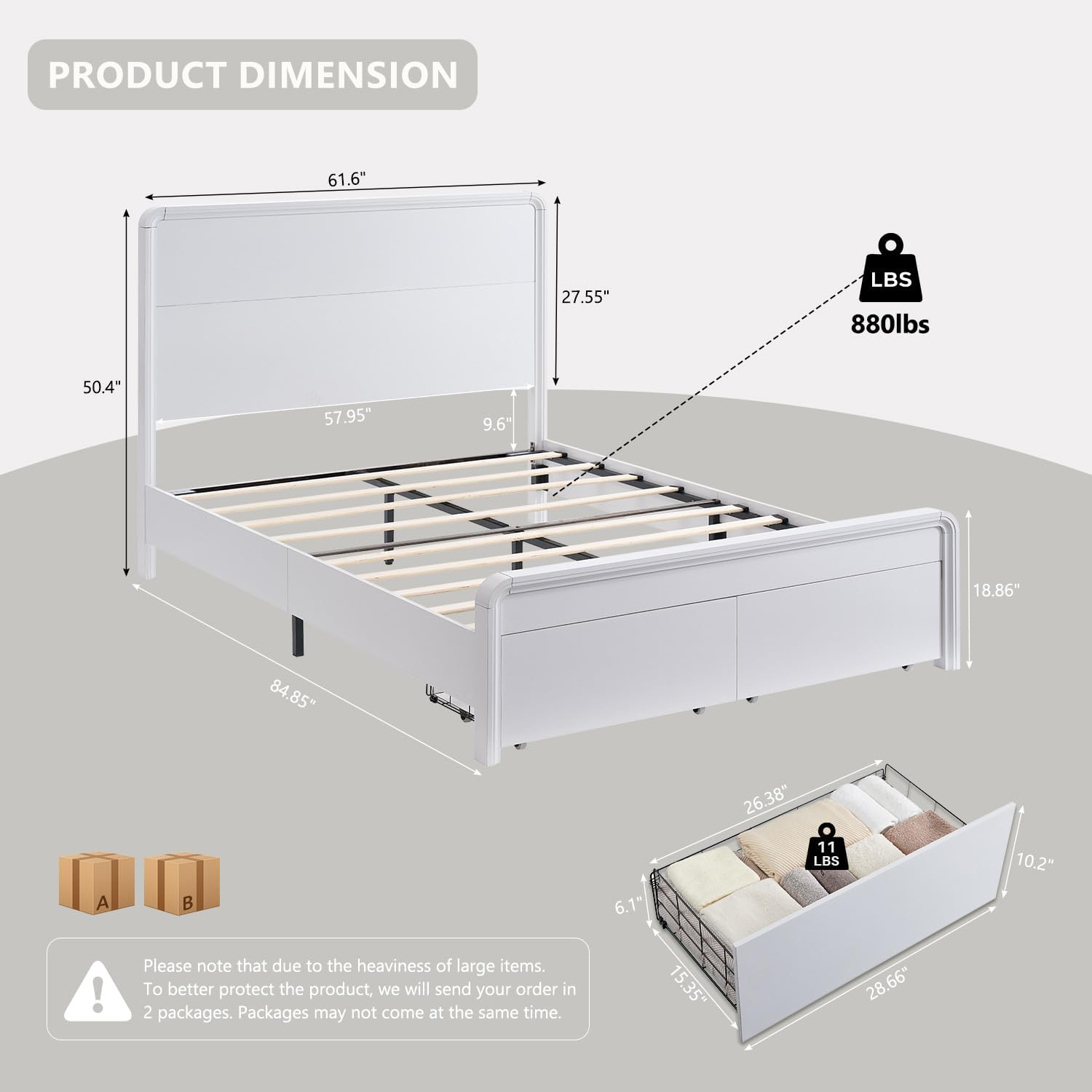 Modern Queen Size Bed Frame with 50 Tall Headboard, Wood Queen Size Platform Bed Frame w/3 Storage Drawers, Curved Profile Design, Wood & Steel Platform Bed, No Box Spring Needed, White