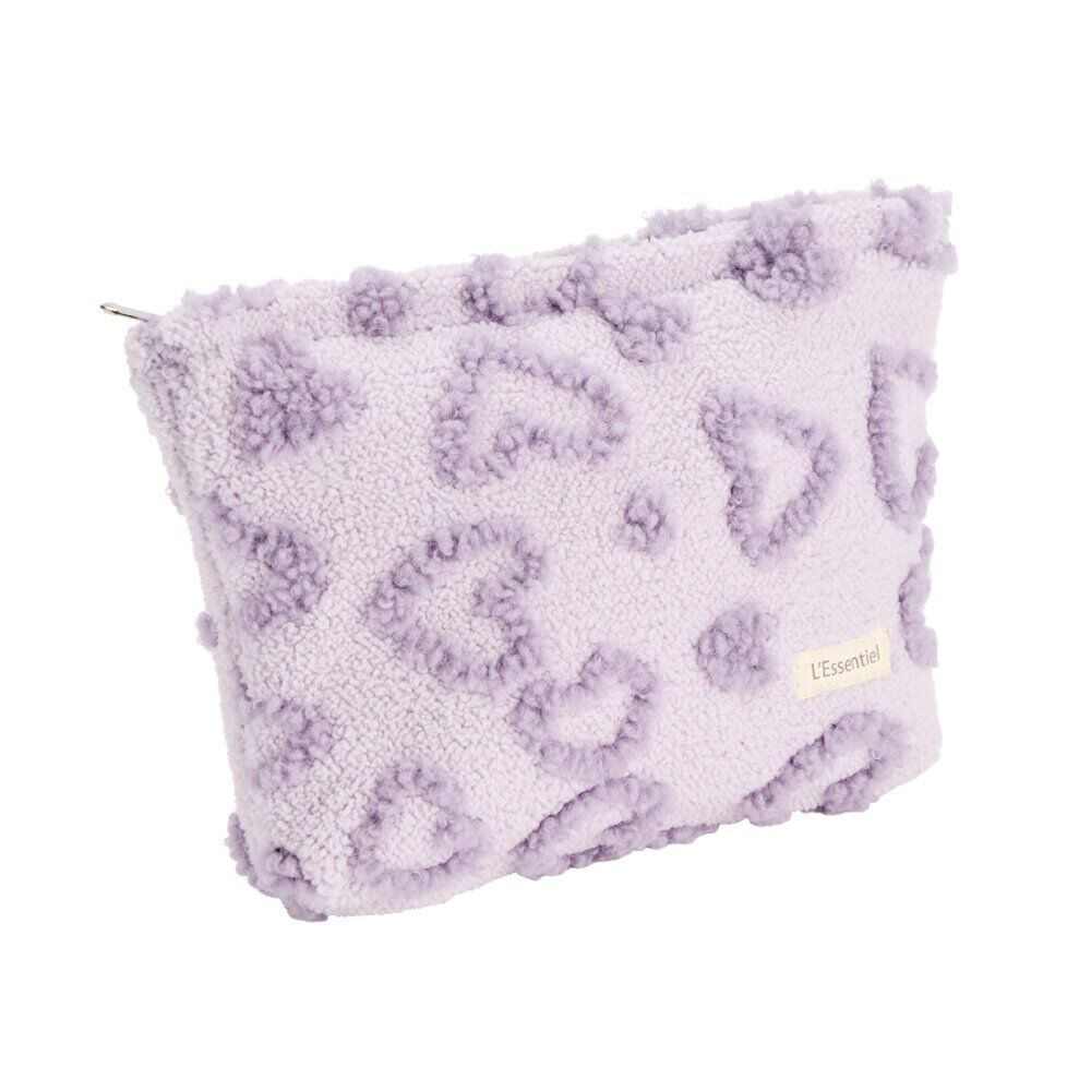 Trousse cosmétique sherpa polycoton relief motif coeur violet 26x19cm