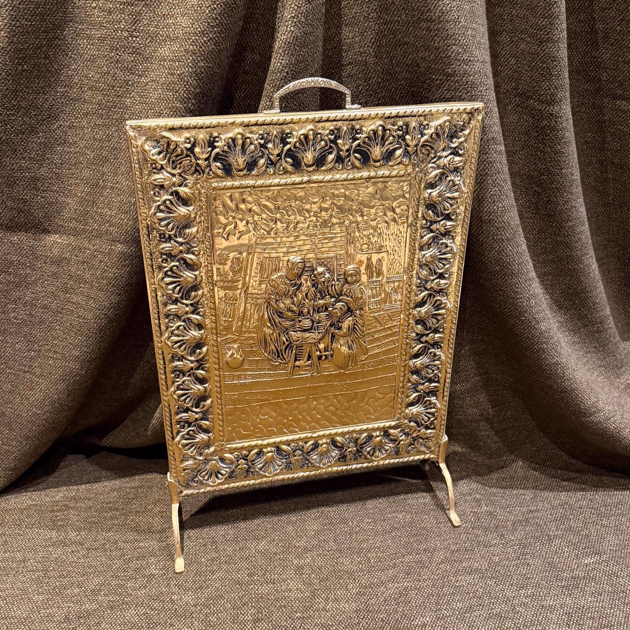 Vintage Victorian Times Family Kitchen Scene Embossed Repoussé Hammered Brass and Wood Decorative Firescreen Guard | English Fireplace Decor