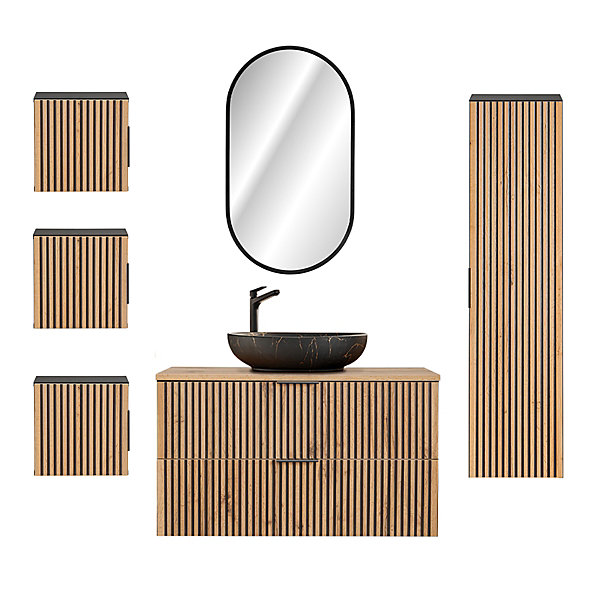Ensemble meuble simple vasque 100cm miroir LED colonne et 3 armoires murales Gaia Bois et Noir - Vasque Noir