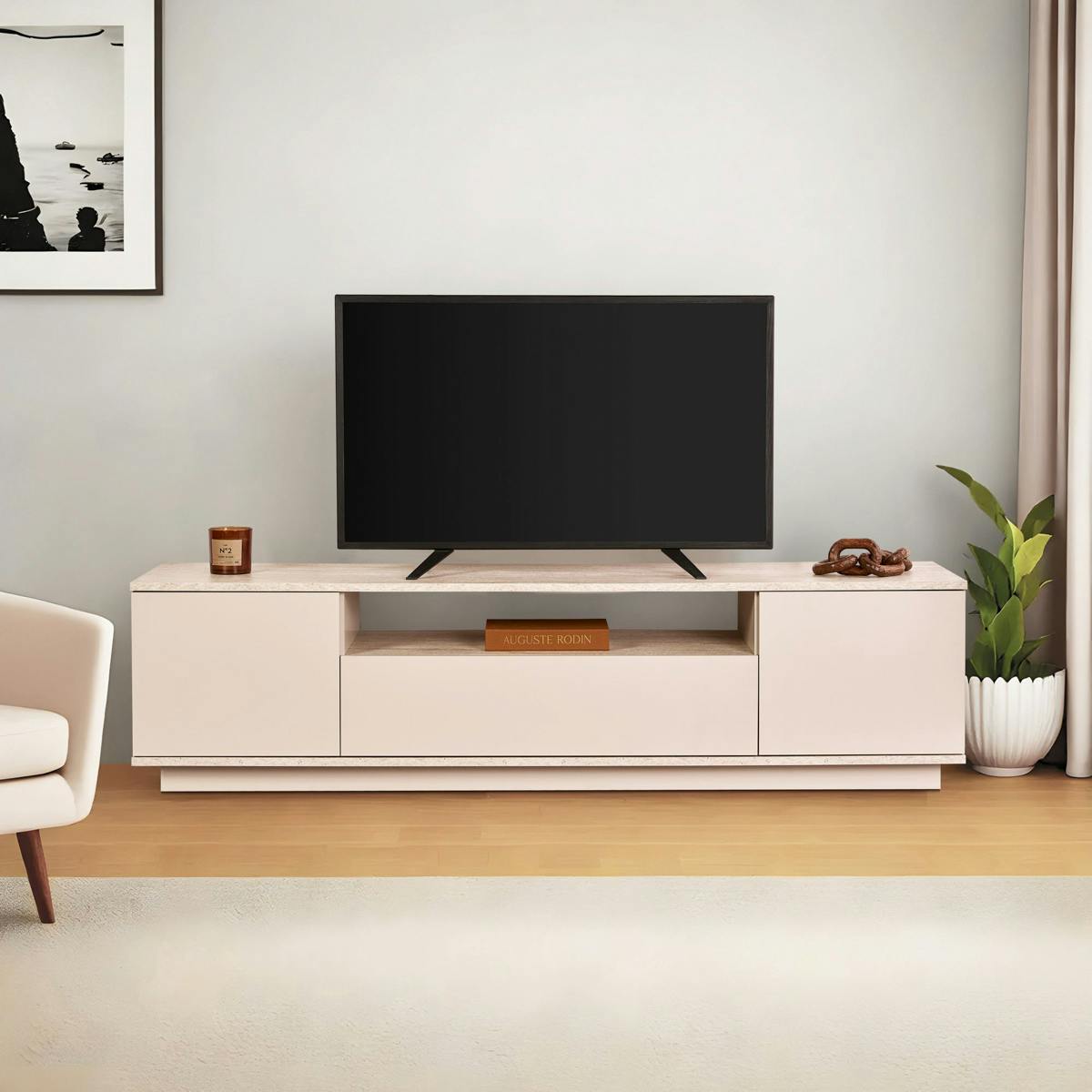 Meuble TV moderne 3 portes nude et effet travertin MARFA