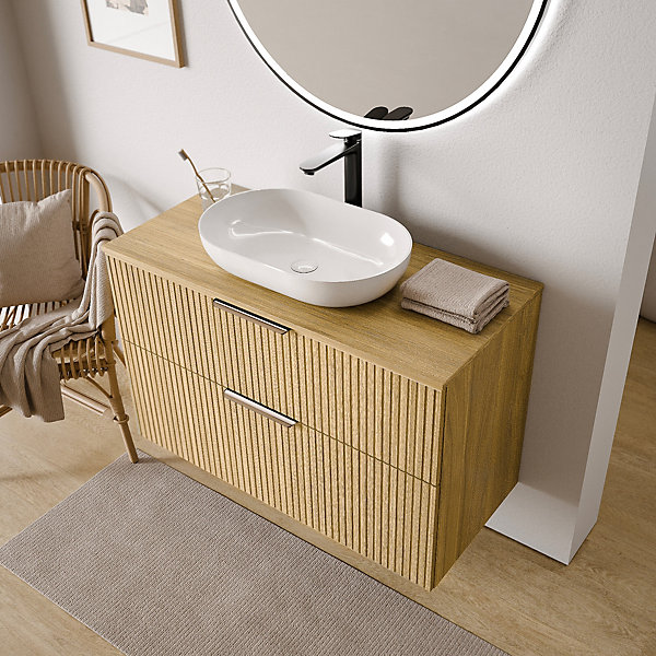 Meuble sous vasque suspendu MDF Chêne strié 100x46x62cm, Plan lavabo Blanc mat   2 tiroirs poignée Chrome - TIM100