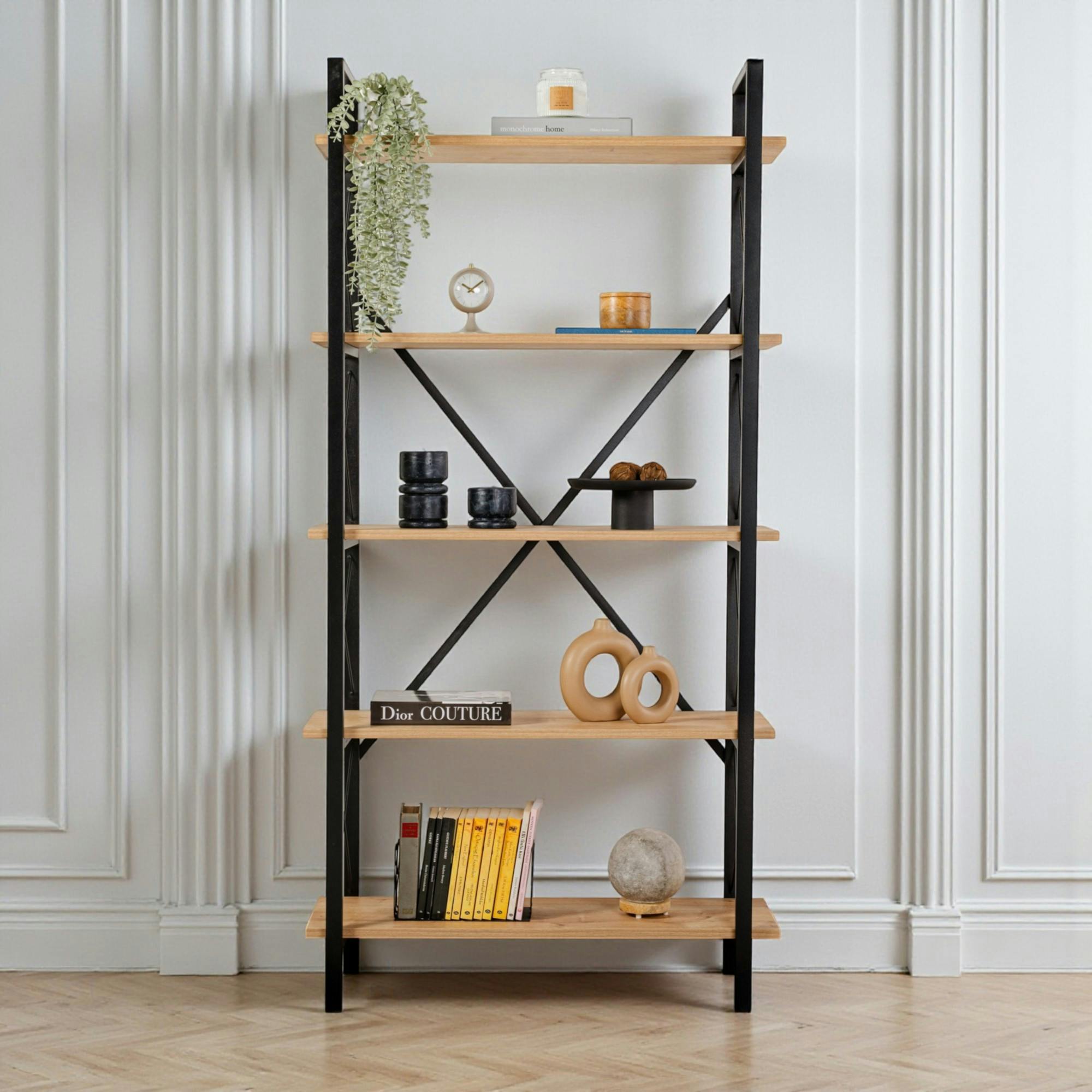 Bibliothèque étagère noire, 5 plateaux effet chêne clair JENA