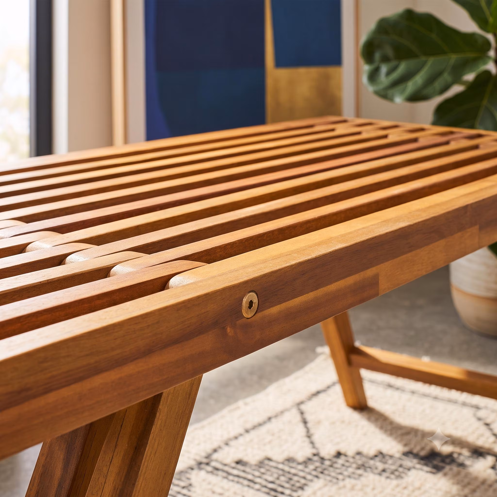 Acacia Wood Outdoor Bench | Geometric Slatted Patio Seating | Mid-Century Garden Furniture