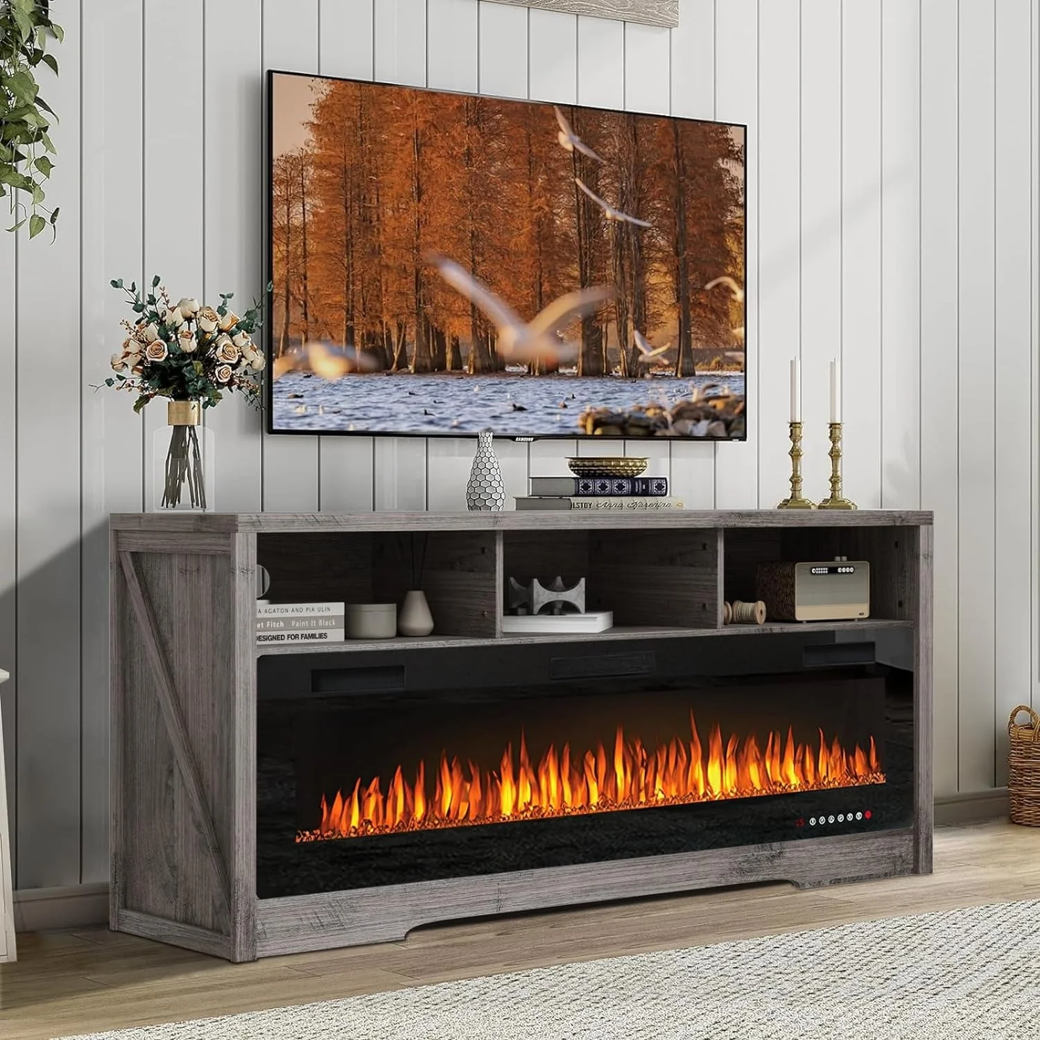 BOSSIN Fireplace 65 TV Stand for TVs Up to 75 TV with 60 Electric Fireplace,Entertainment Center with Open Shelve Storage