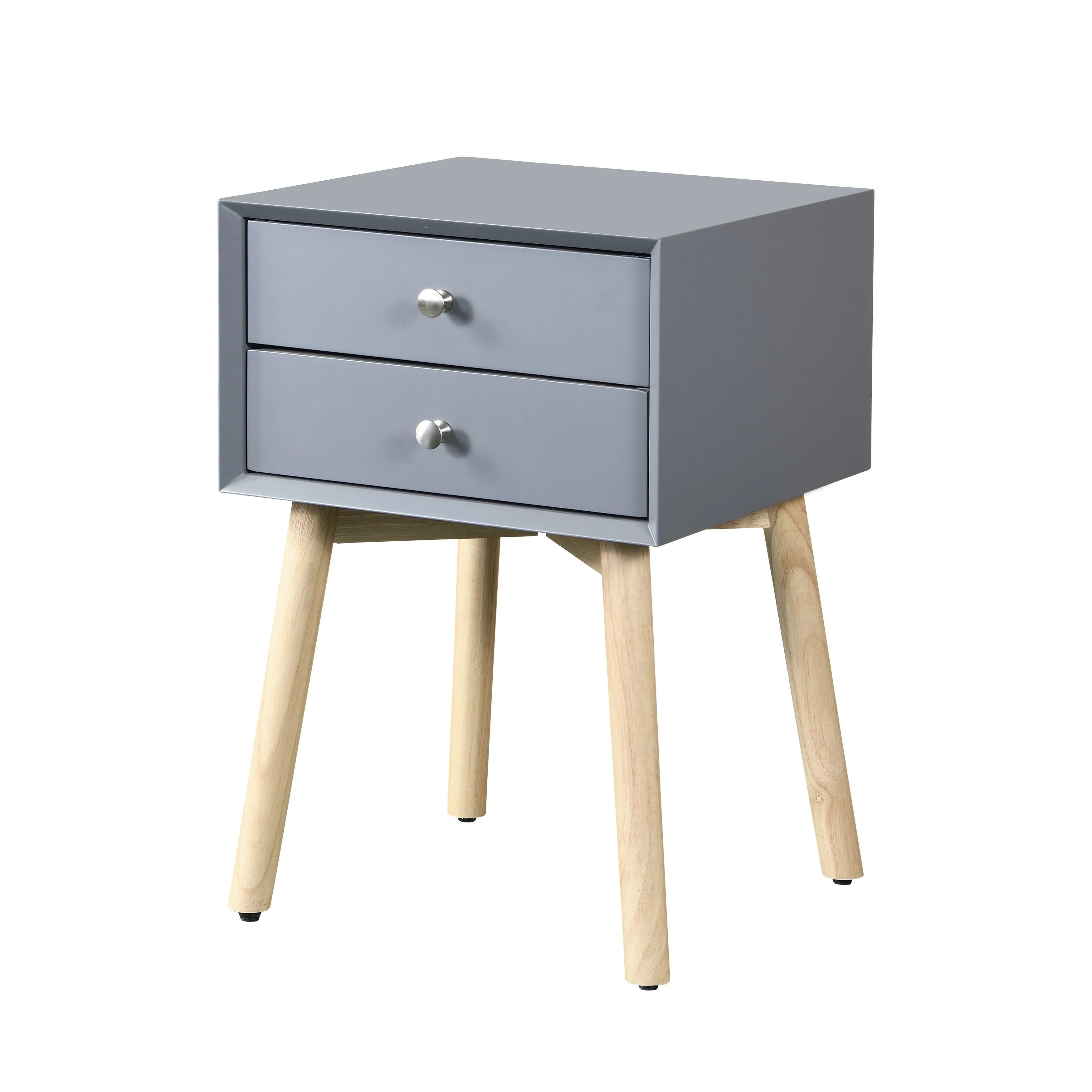Side Table, Bedside Table With 2 Drawers And Rubber Wood Legs