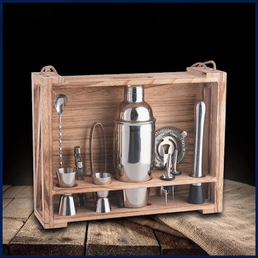 NNEOBA 11PC Bartender Cocktail Shaker Mixer Kit with Wooden Shelf
