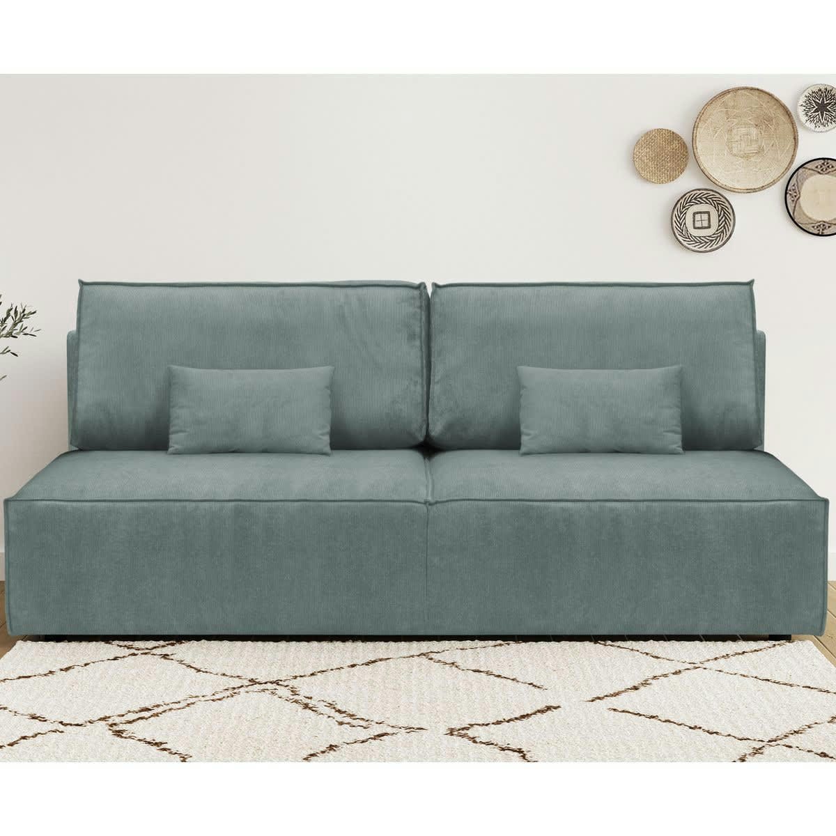 MILLA NEW - Canapé convertible 3 places avec coffre velours fines côtes bleu clair