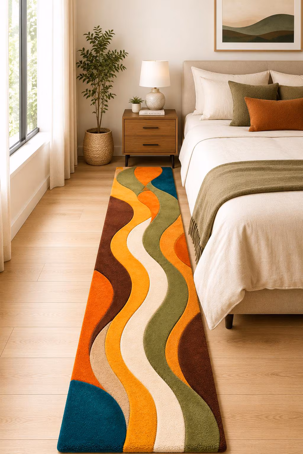 Hand Tufted Wool Runner Rug, Abstract Wavy Modern Carpet, Boho Geometric Hallway Area Rug