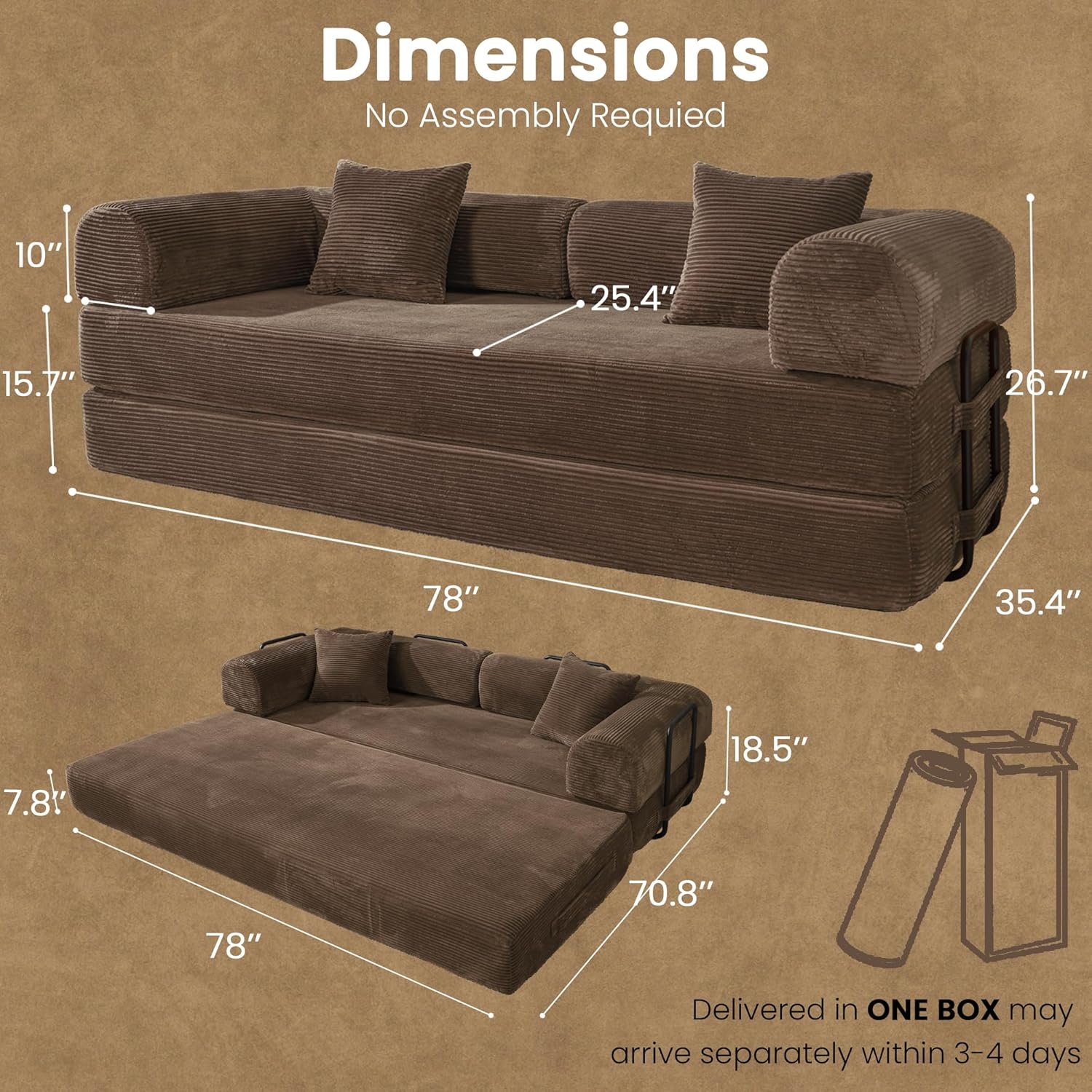 Convertible Sleeper Sofa Bed, 78 Corduroy Foldable Boneless Modular Couch, Memory Foam Compressed Sofa in A Box W/Plush Fabric Comfy Floor Lounge Couch for Living Room Apartment Bedroom, Brown