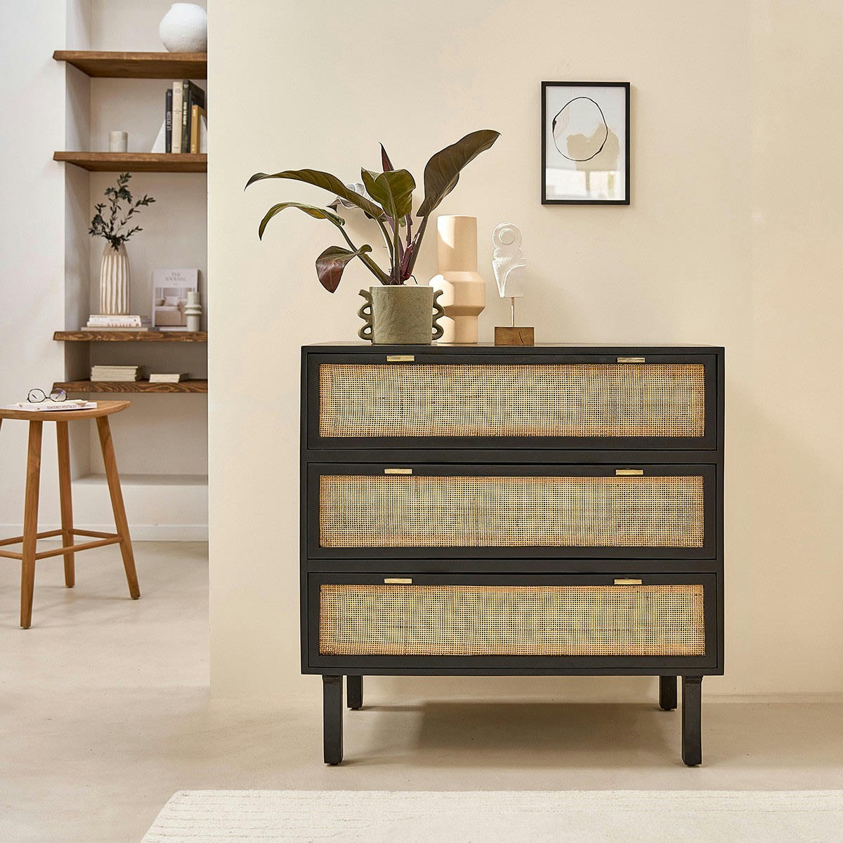 BLAISE - Commode en manguier massif et cannage noire 90 cm