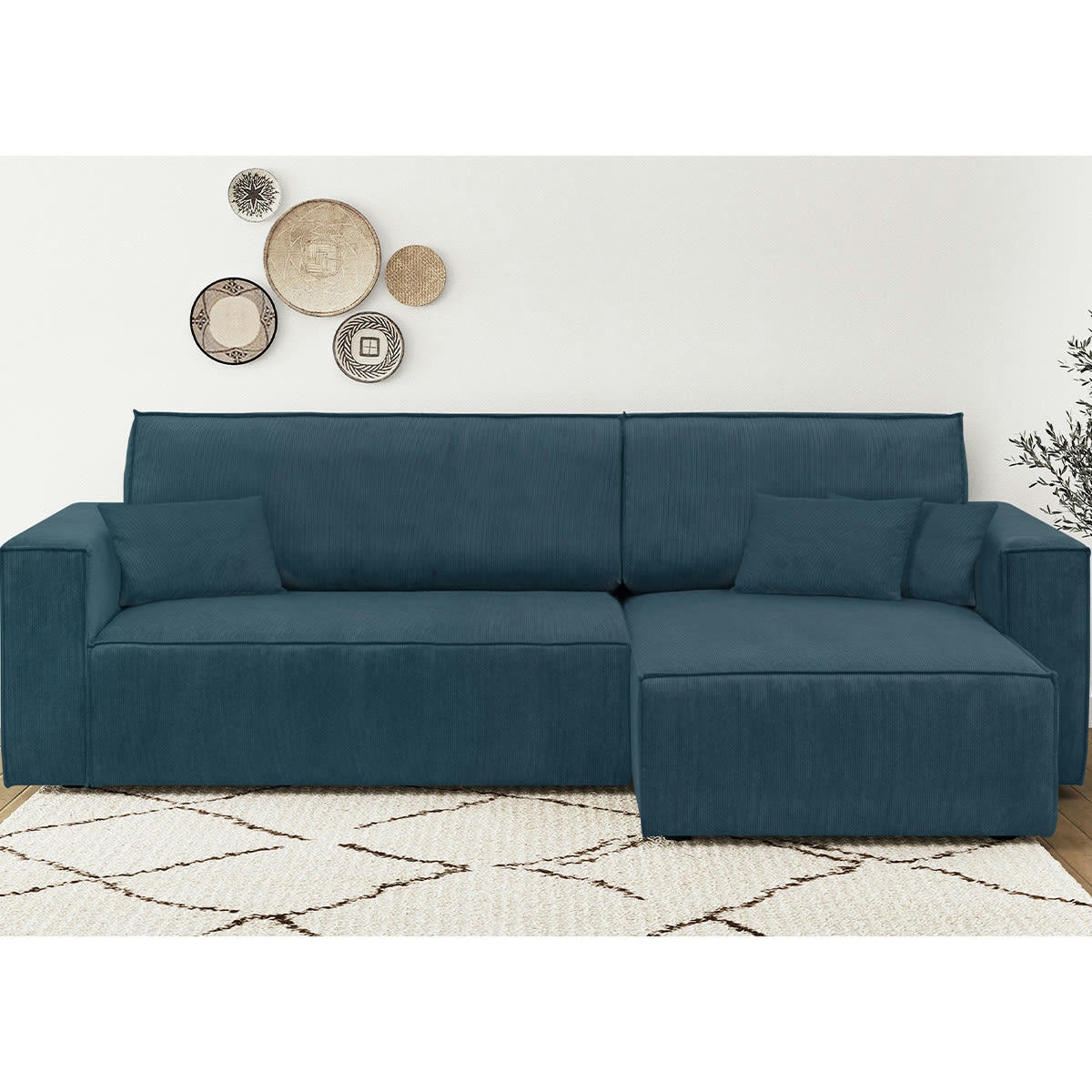LIVIA NEW - Canapé d'angle convertible 4 places en velours fines côtes bleu nuit