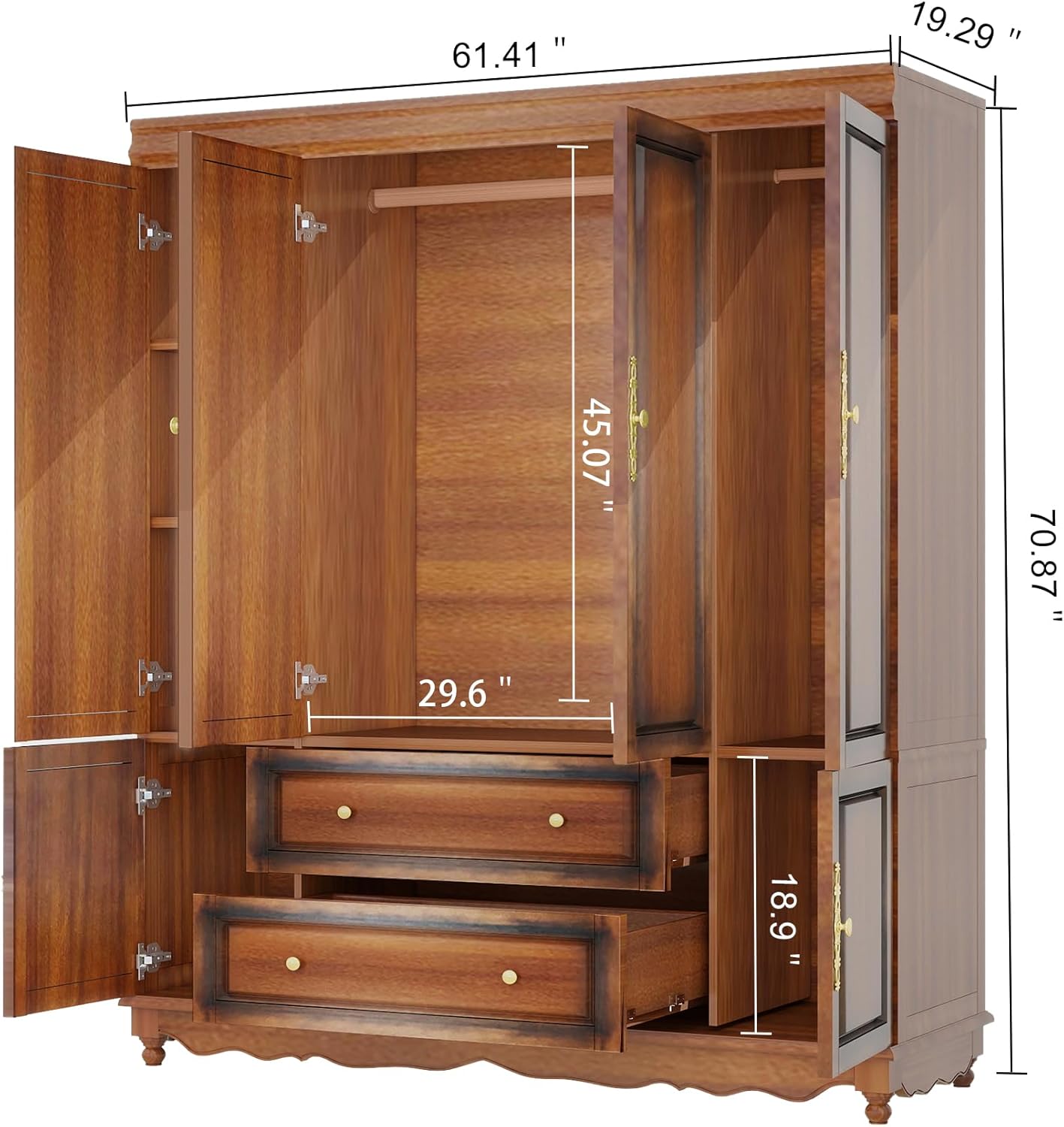 Solid Wood Armoire 4-Door Closet with 2 Drawers,100% Solid Wood Armoire Cabinet with Shelves and 2 Hanging Rods Wooden Wardrobe Closet with Elegant Design for Bedroom, Living Room