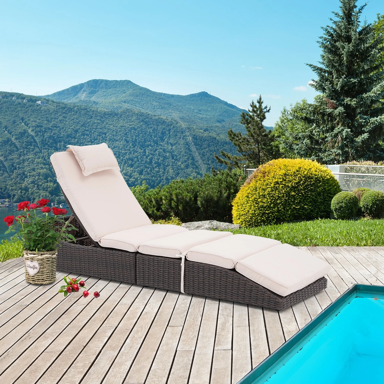 Patio Wicker Chaise Lounge Recliner Foldable Chair, w/ 5 Adjustable Back Positions & Cushion